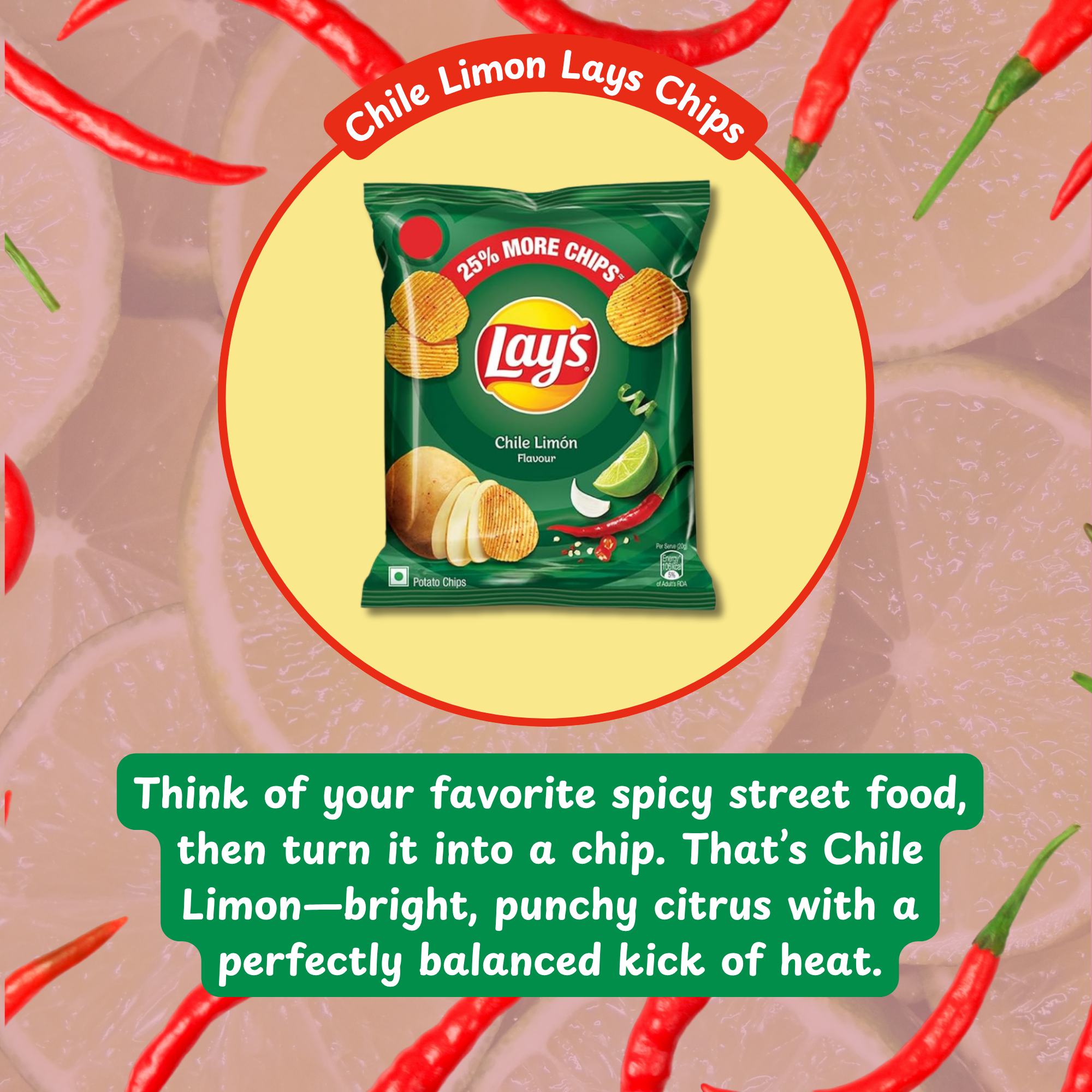 A bag of Chile Limón Lays chips from India, surrounded by red chilies and lime slices. 