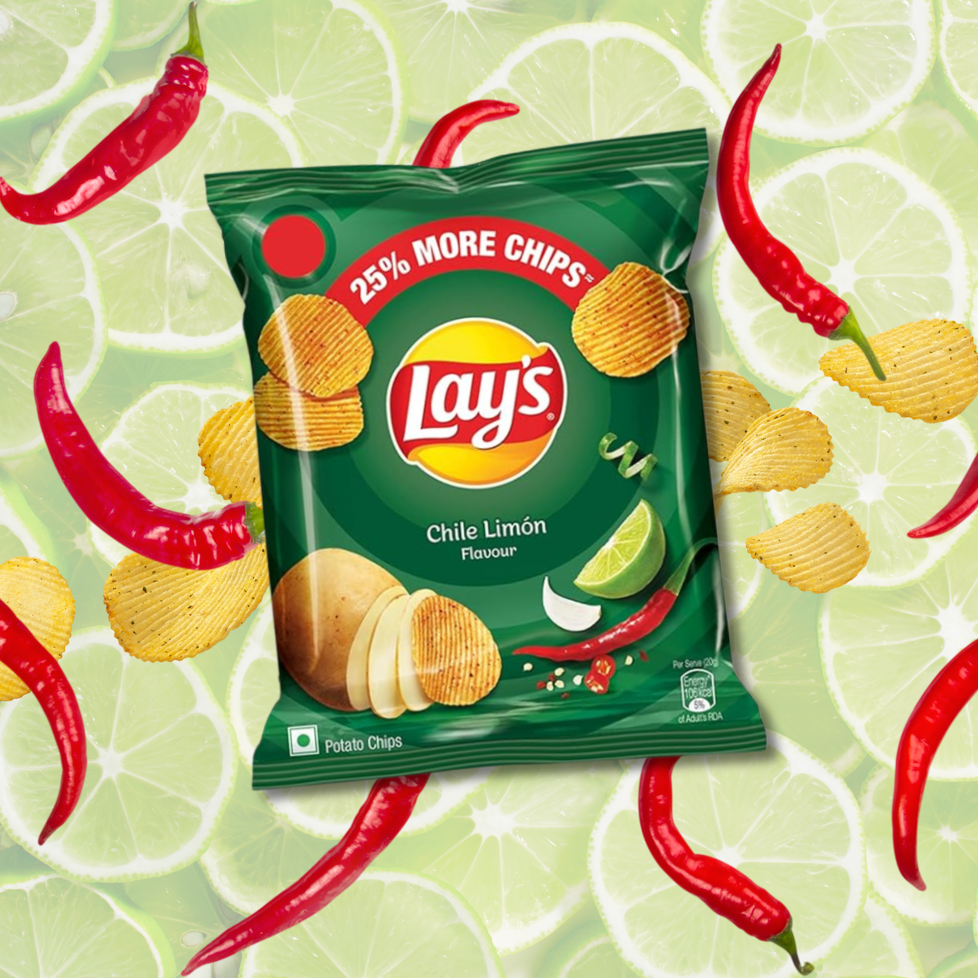 A green bag of Lay’s Chile Limón chips is surrounded by red chili peppers and lime slices.