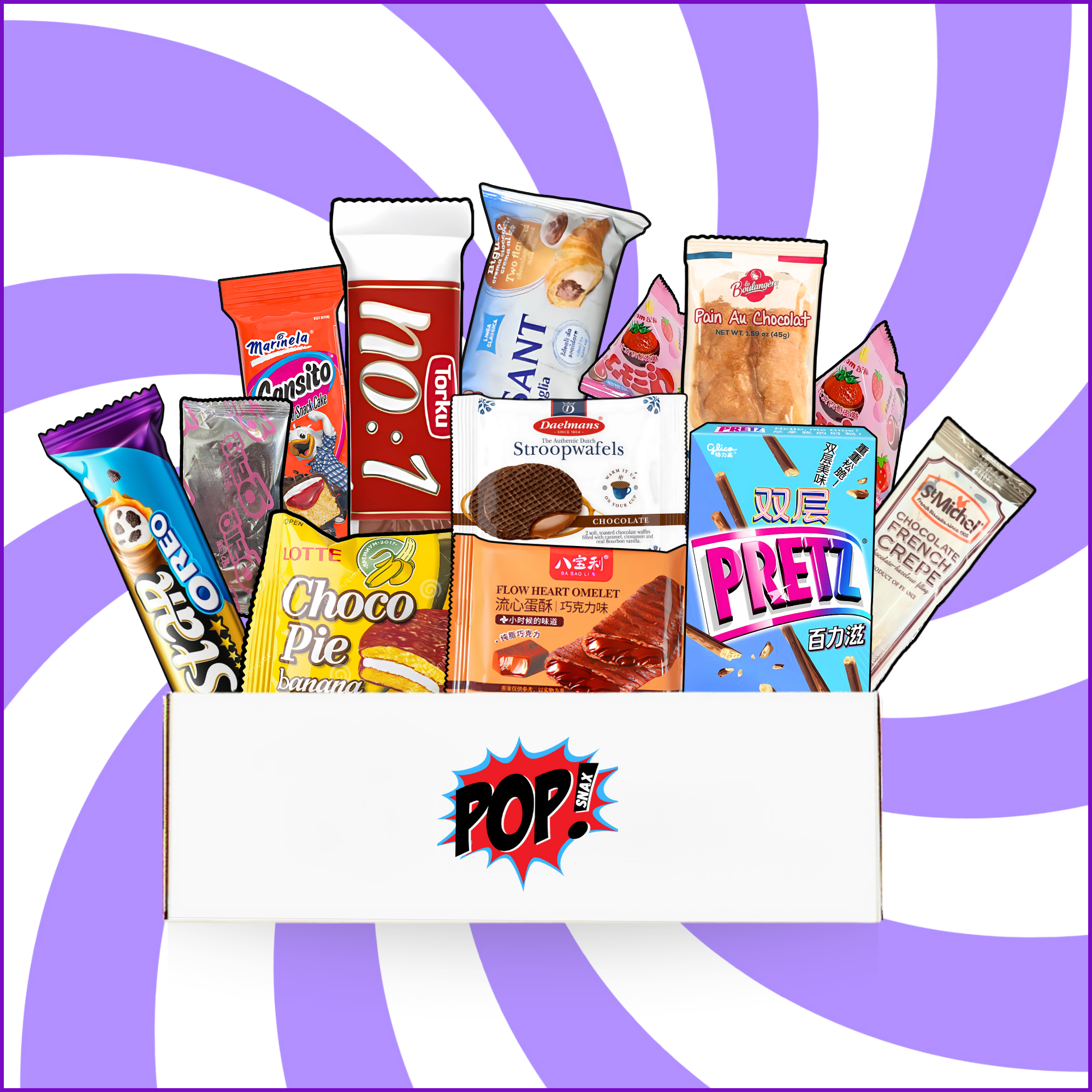 Image of the Pop Snax Chocolate Lovers World Tour Box, featuring 12 international chocolate snacks including Pretz from Japan, Oreo bars from India, Gansito cake from Mexico, and croissants from France.