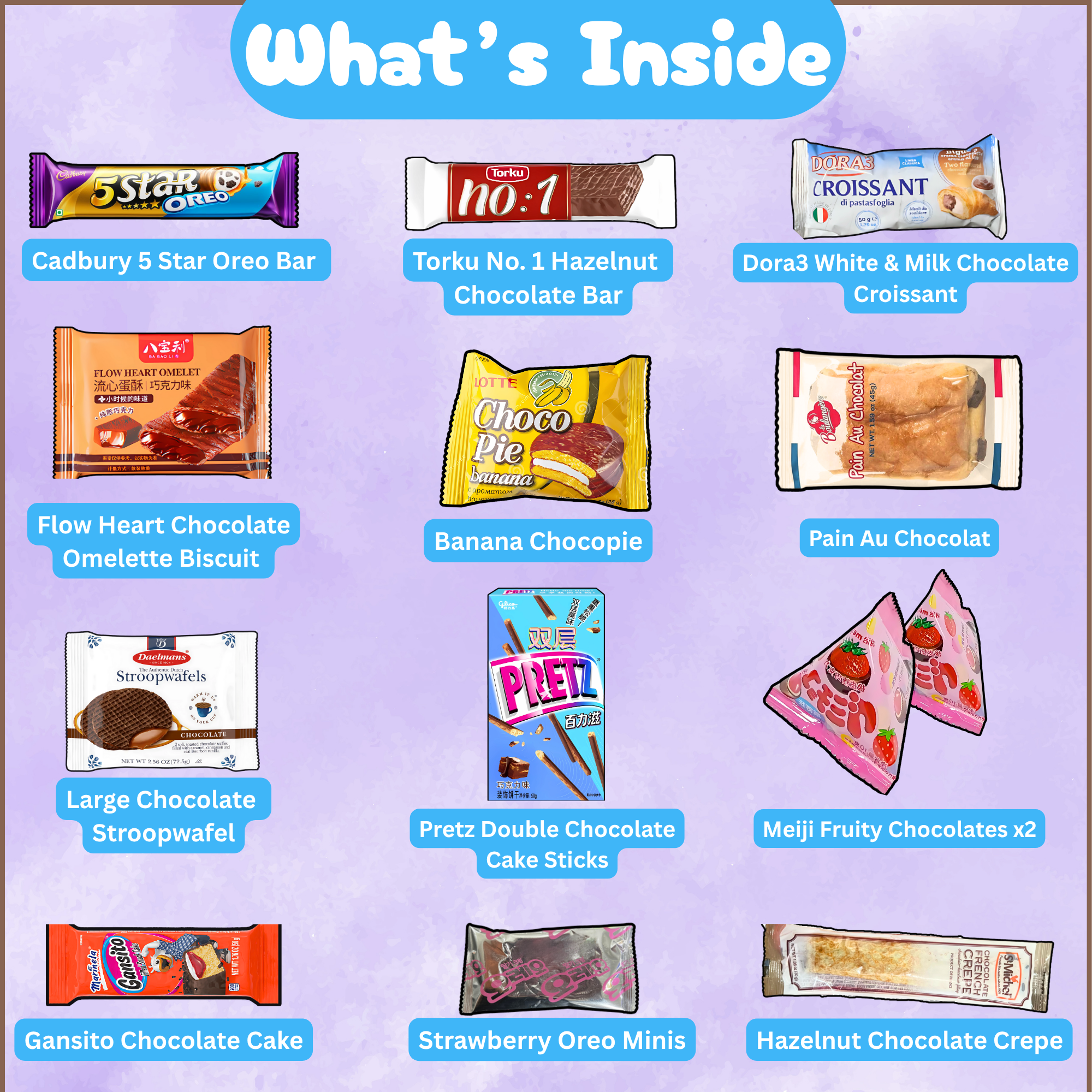 List of various snacks and treats with images on a blue grid background, showcasing items and their names, which are included in the international chocolate snack box. 