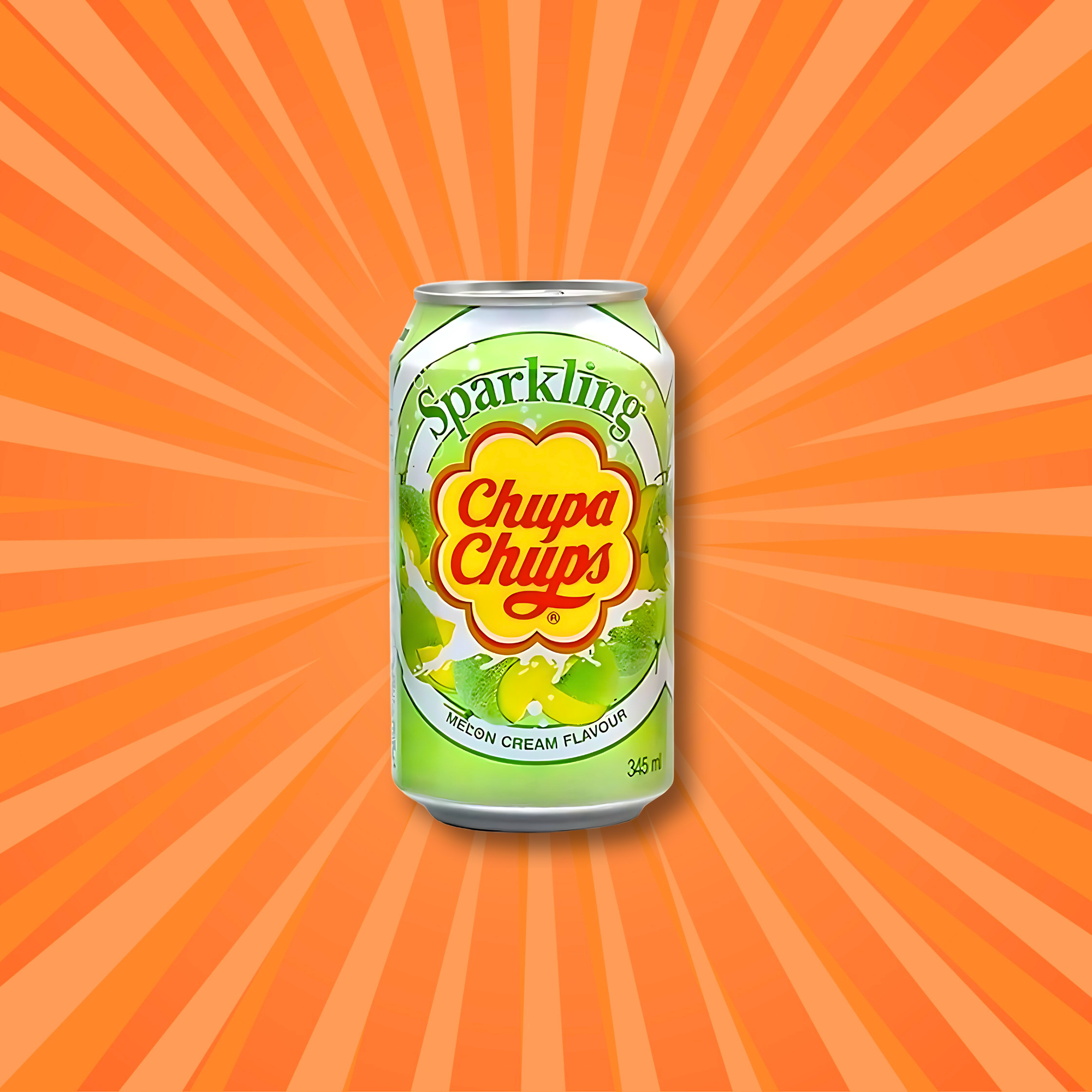 A can of Chupa Chups Sparkling Melon Cream soda against an orange starburst background. 