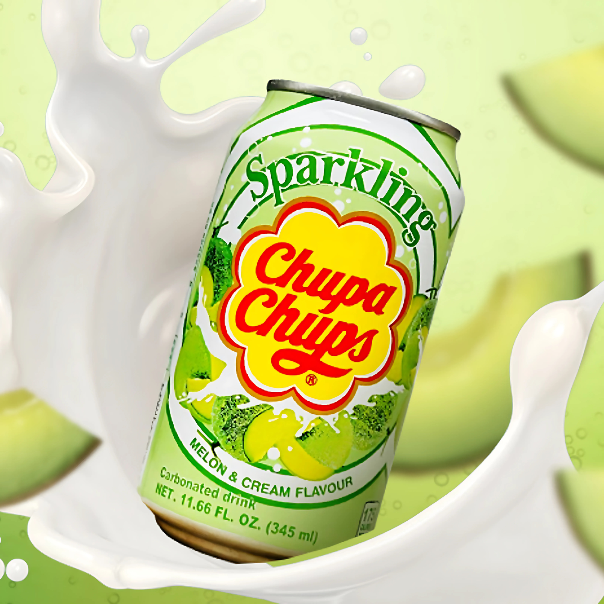 A can of Chupa Chups Sparkling Melon Cream soda, splashing through milk and melon slices. 