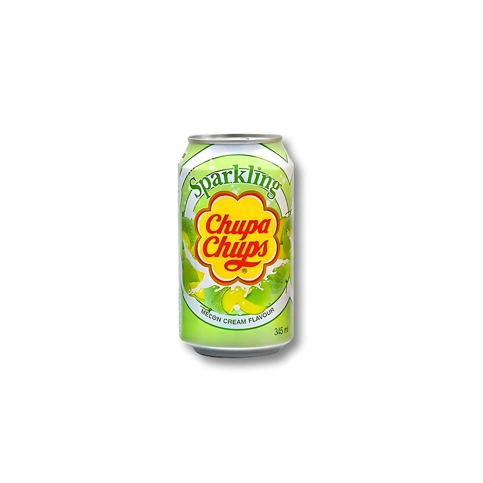 A can of Chupa Chups Sparkling Melon Cream soda against a white background. 