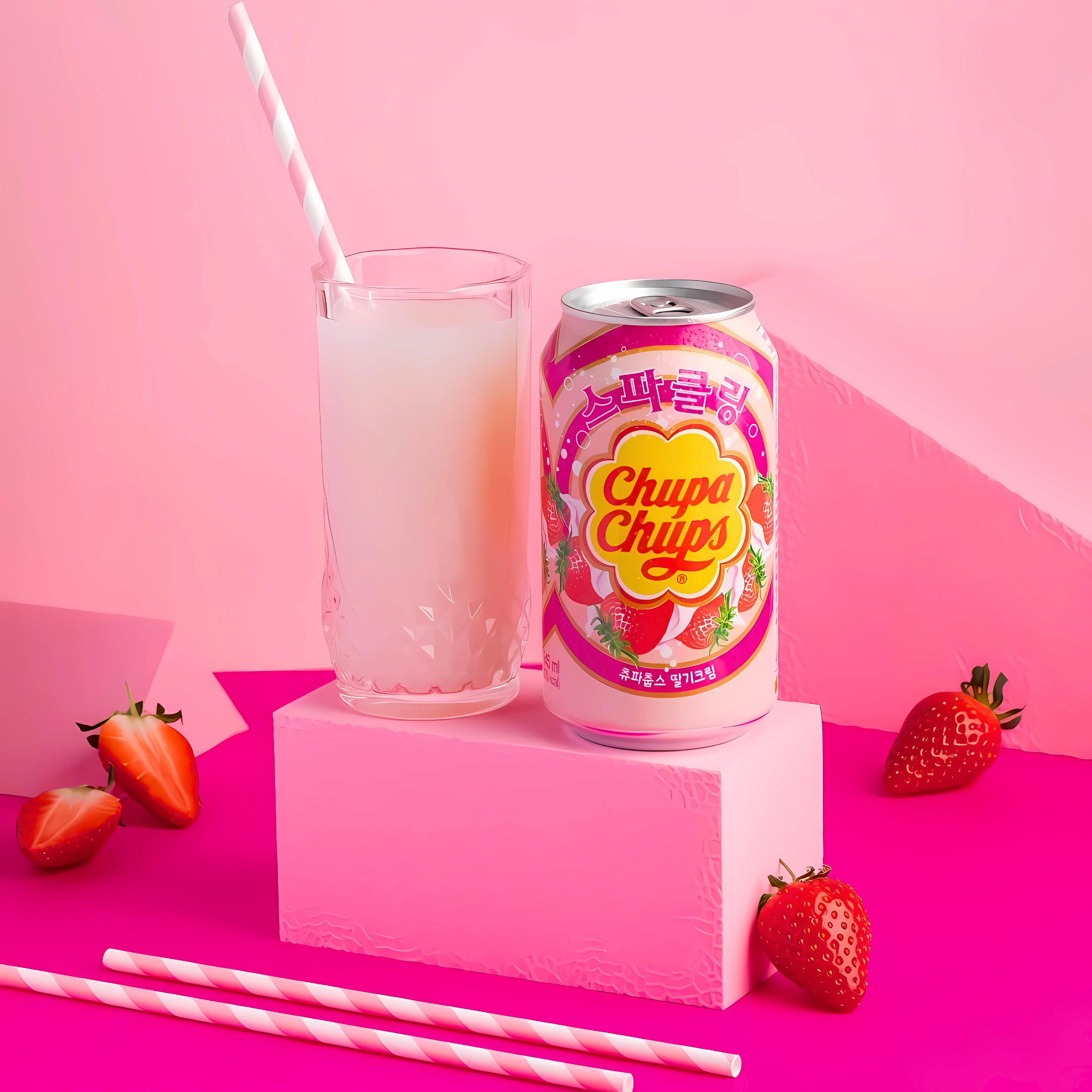 A pastel pink stage featuring a can of Chupa Chups Sparkling Strawberry Cream soda and a glass with a pink drink, surrounded by fresh strawberries and striped straws.