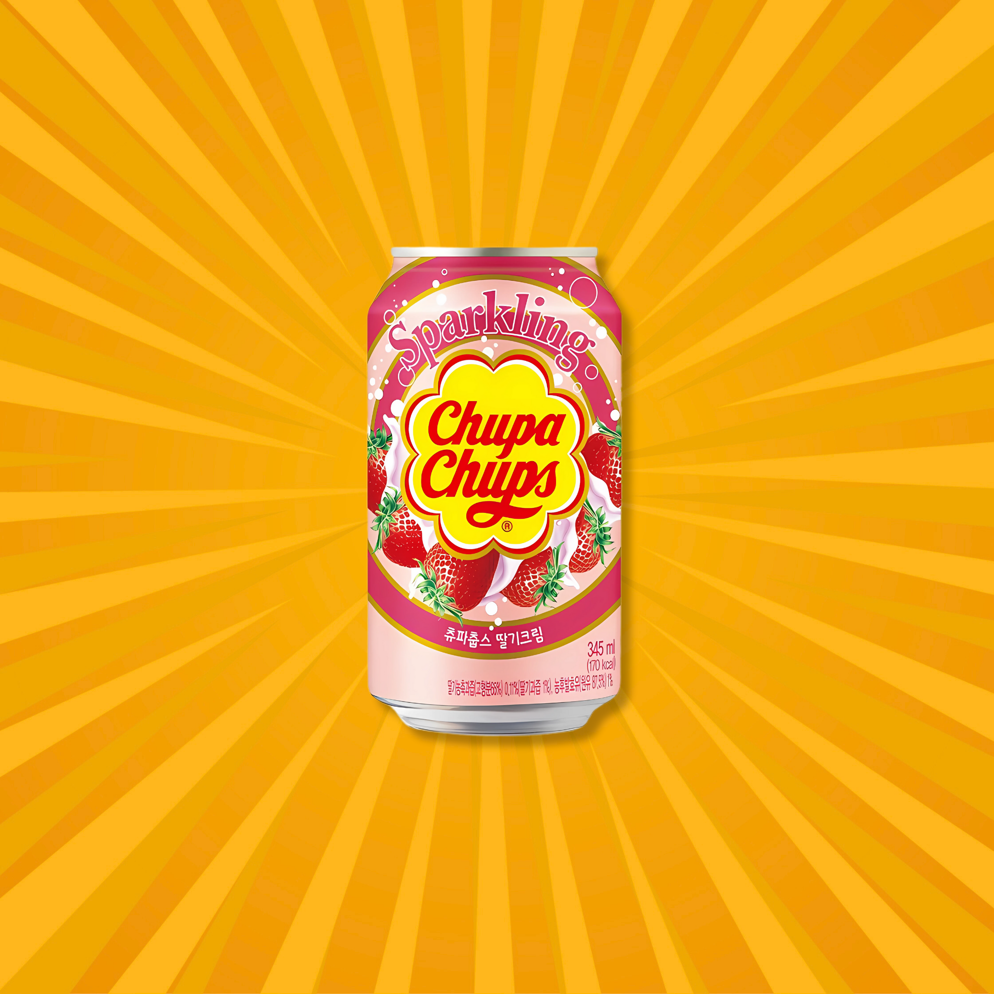 A pink can of Chupa Chups Sparkling Strawberry Cream Soda with a bright orange background.