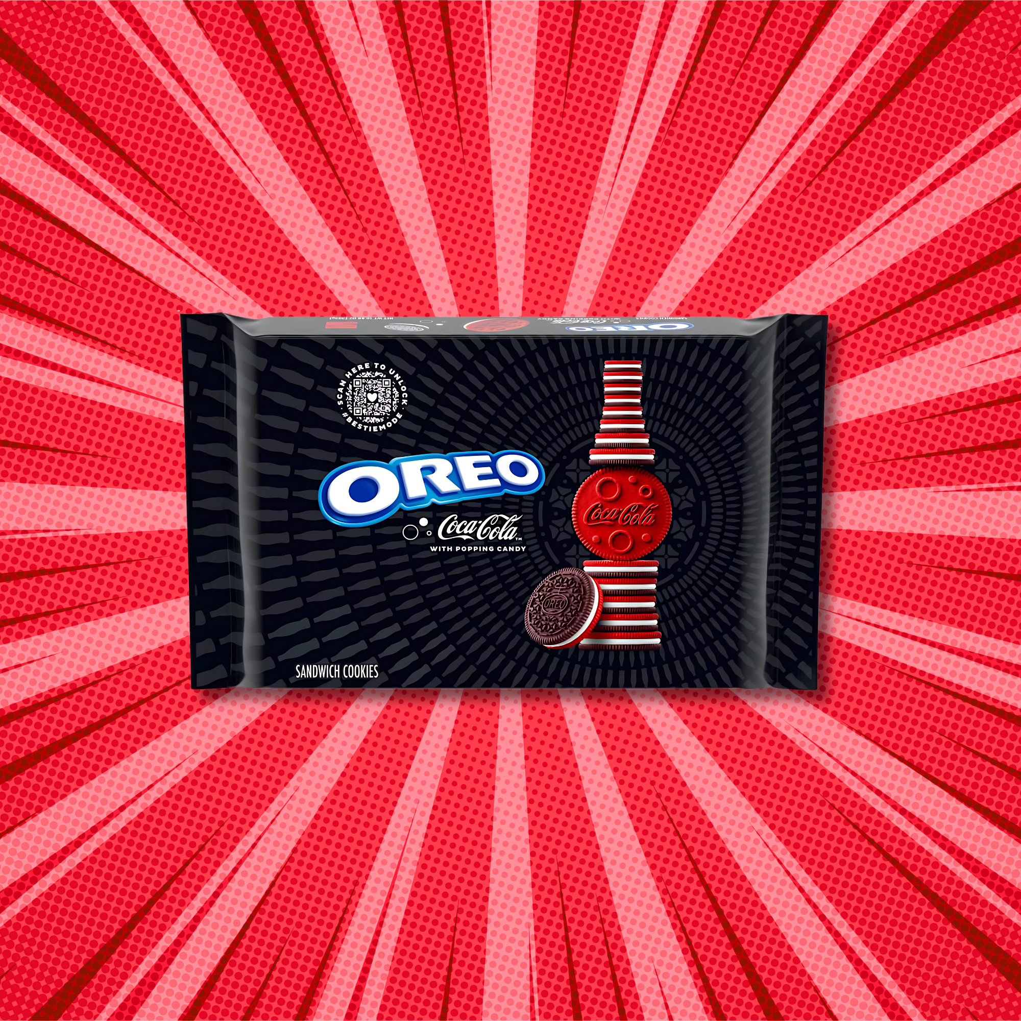 Front of Coca-Cola Oreo cookies package with red and black hypnotic swirl design and soda bottle-themed creme.