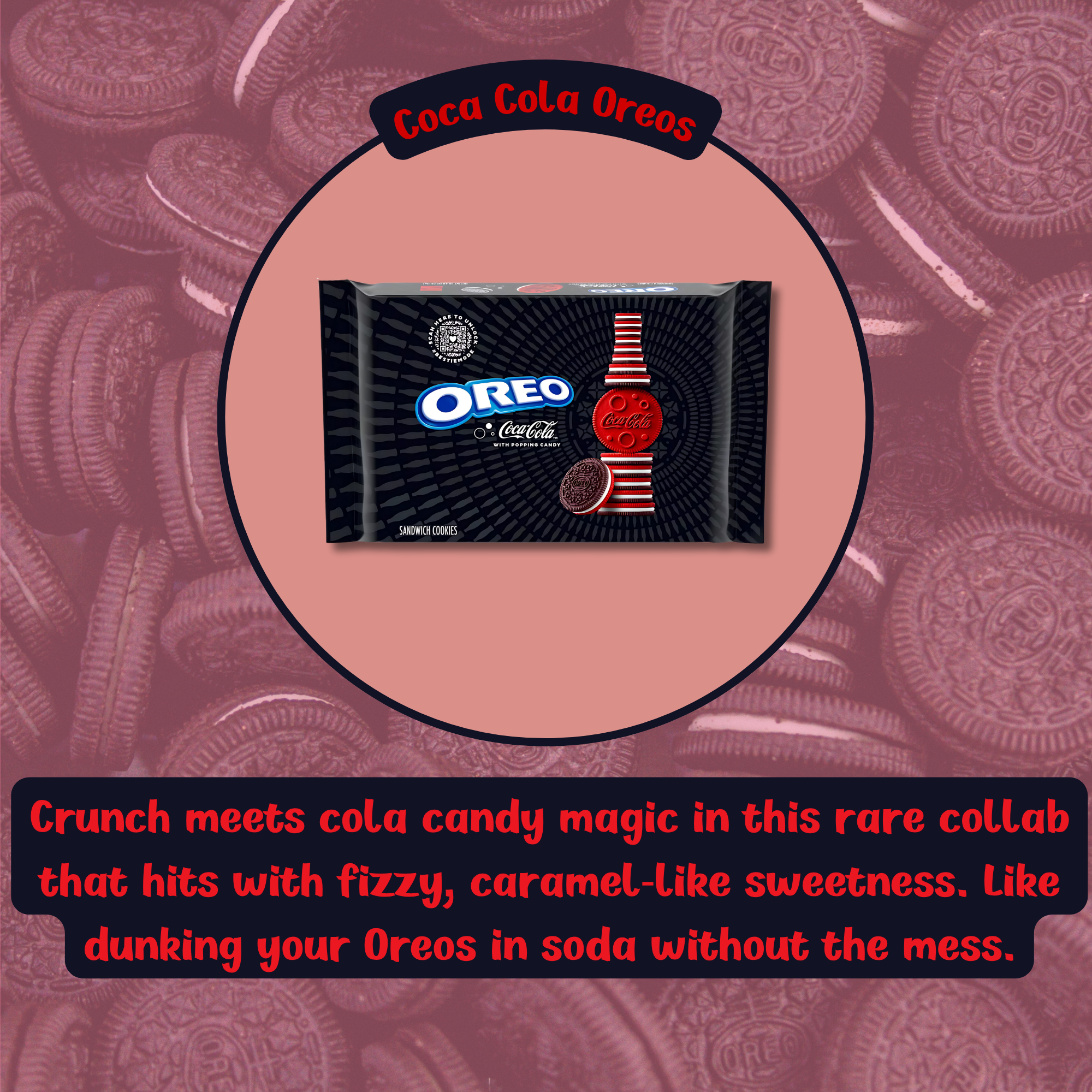 Graphic of Coca-Cola Oreo cookies with description text on a stylized Oreo background.