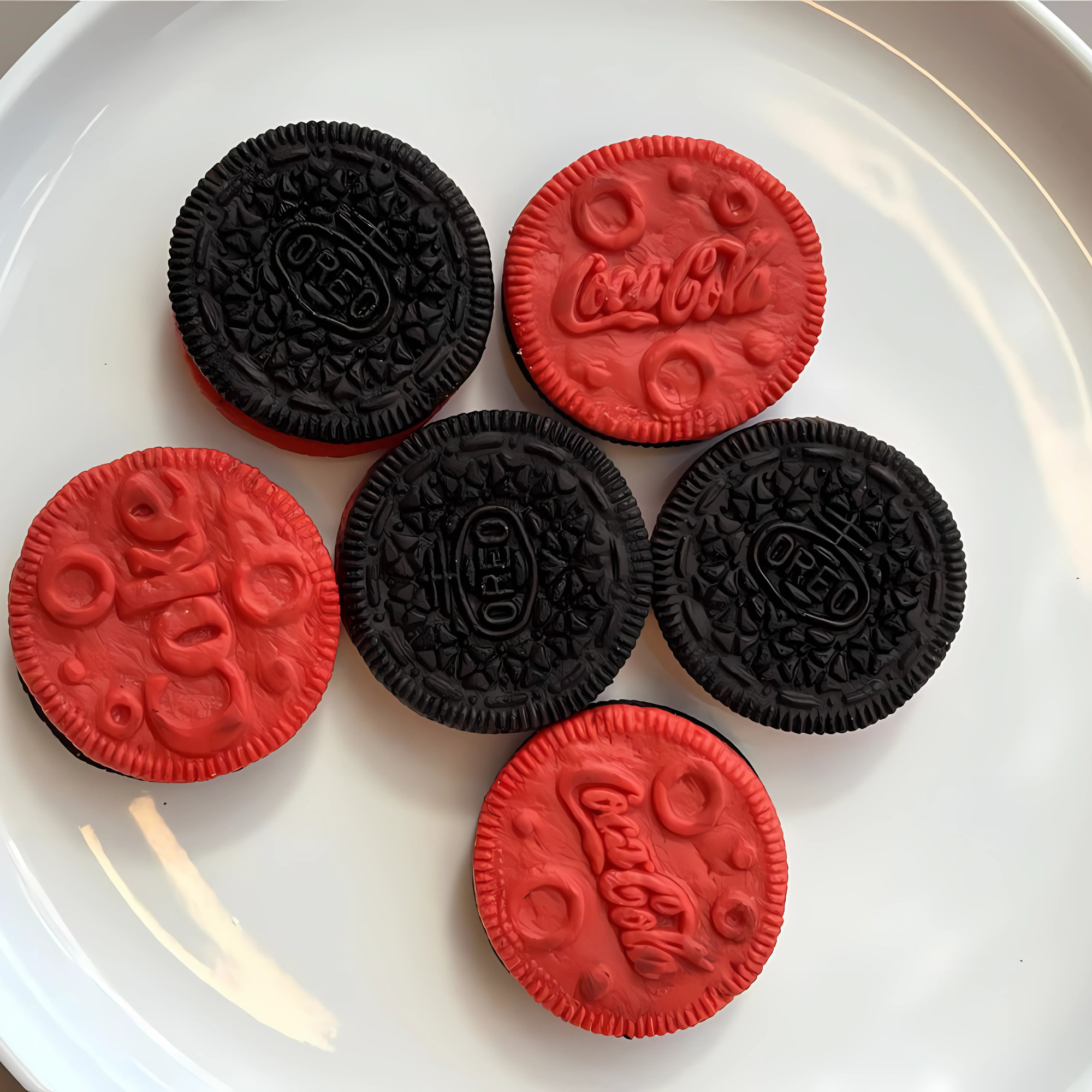 Red and black Coca-Cola Oreo cookies arranged on a white plate.