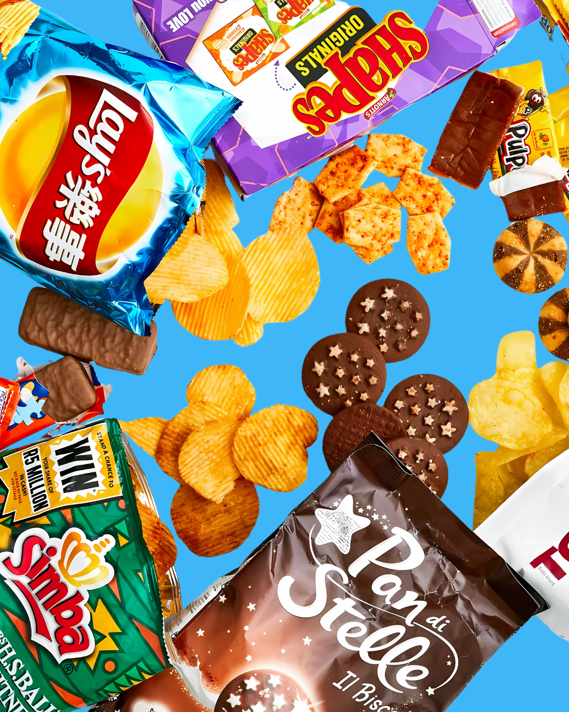 Assorted foreign rare snack packages including Lay's, Simba, and Pan di Stelle on a blue background. The Main Character, an assorted mystery snack box with popular brands including Lay's, Doritos, and Ruffles on a white background. International snack box filled with rare foreign snacks and limited edition treats from major snack brands. Asian snacks, mexican snacks, american snacks, indian snacks, canadian snacks. 