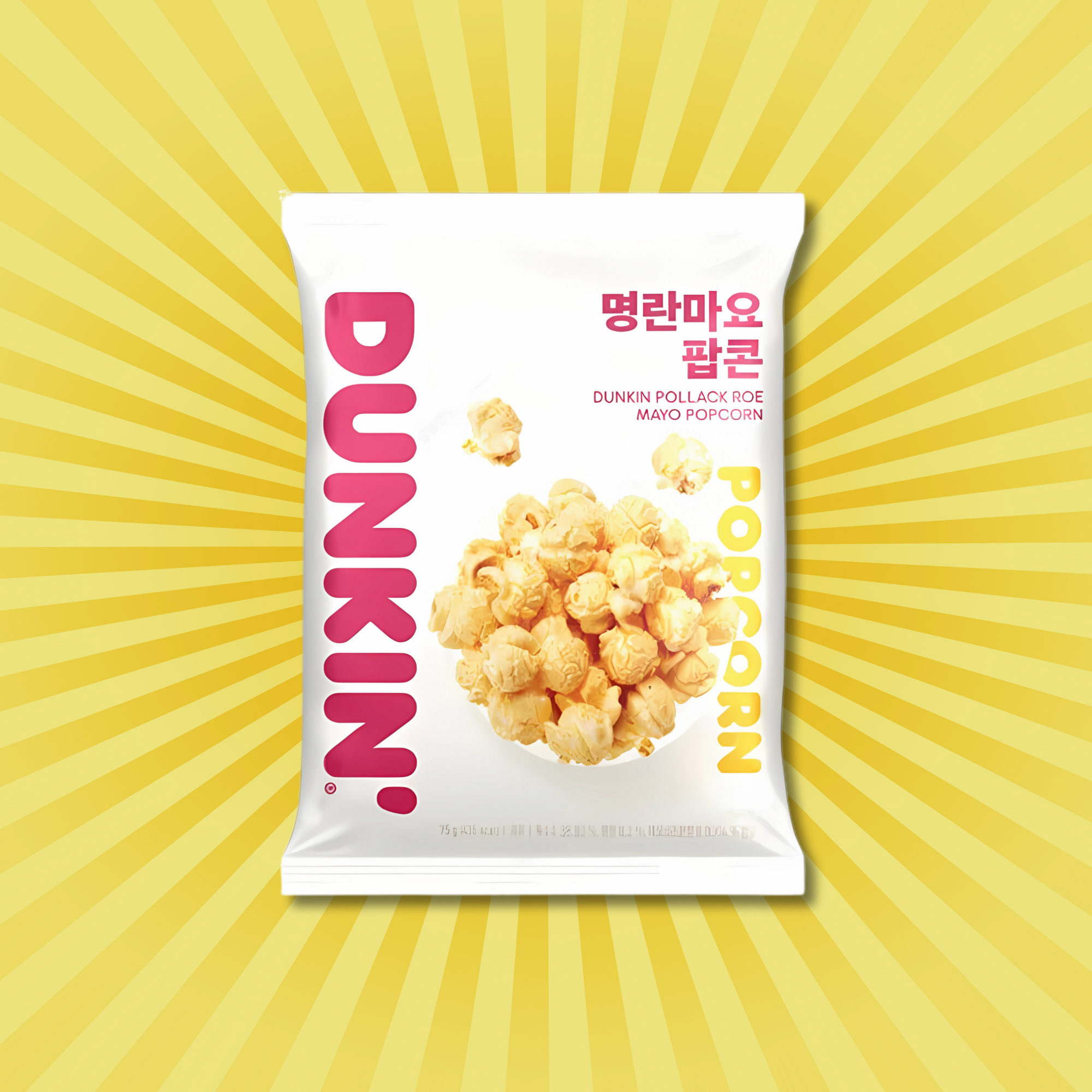 Korean Dunkin’ Pollack Roe Mayo Popcorn against yellow starburst – vibrant design for quirky, savory Asian snack flavor