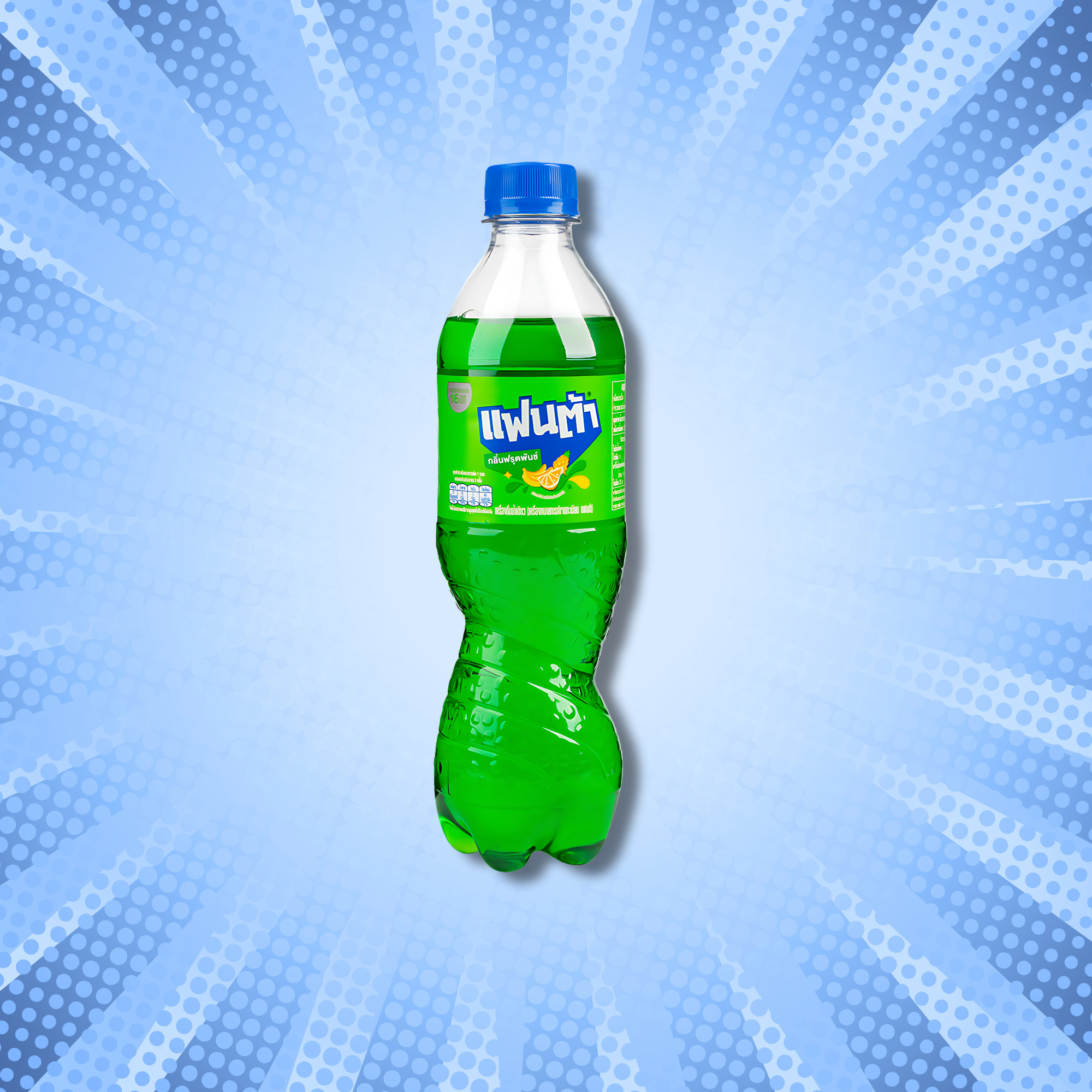 Fanta Cream Soda bottle on comic-style background, highlighting rare Thai drink