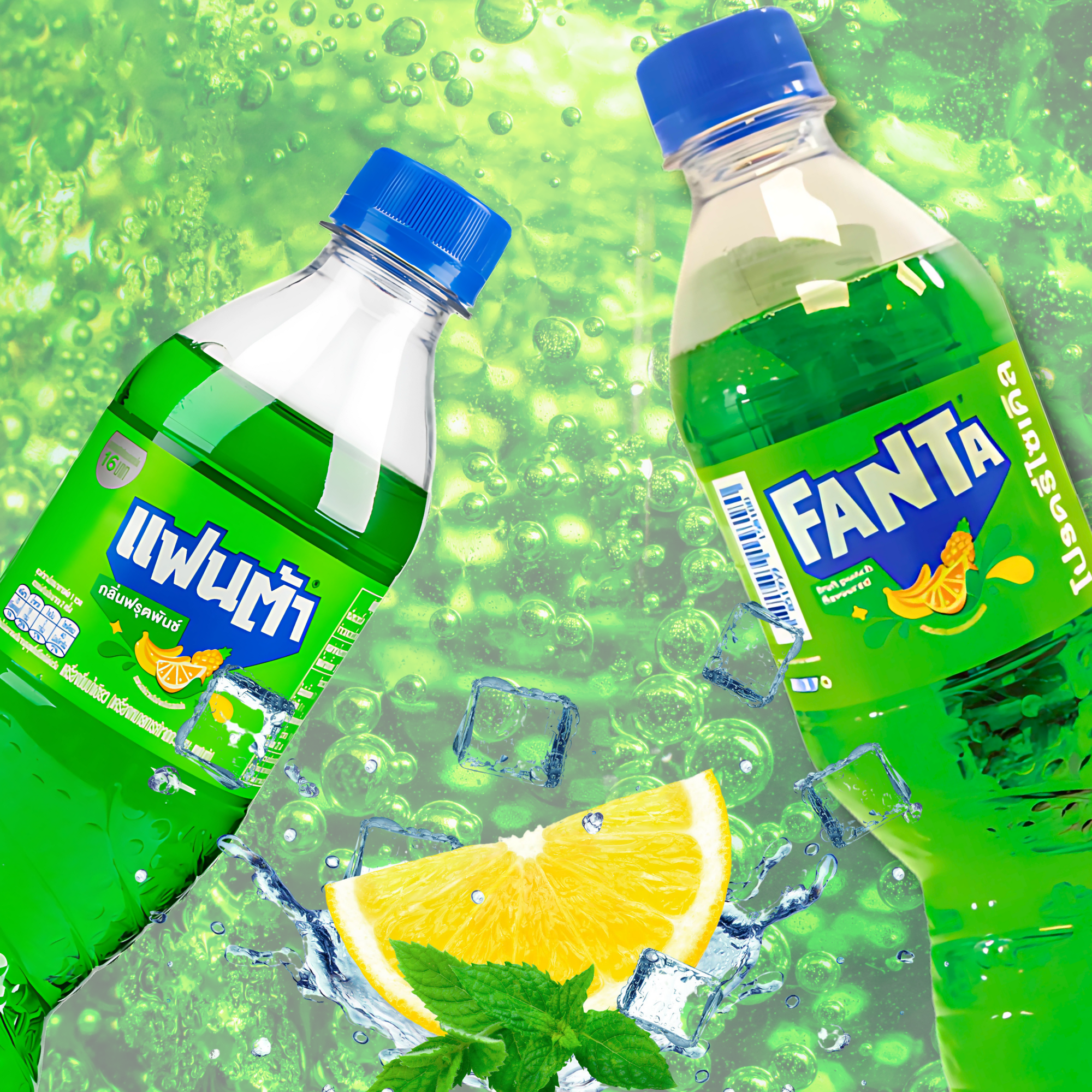 Fanta Cream Soda from Thailand with floating mint and lime, tropical soda aesthetic
