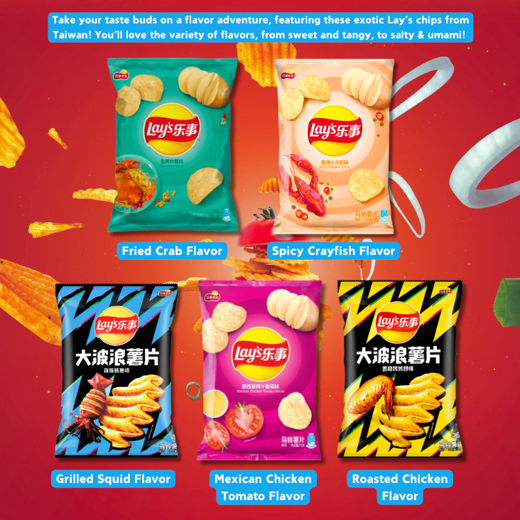 Vibrant graphic layout of all five Lay’s chip flavors with labels—Fried Crab, Spicy Crayfish, Grilled Squid, Mexican Chicken Tomato, and Roasted Chicken—with spicy, umami-inspired visuals.
