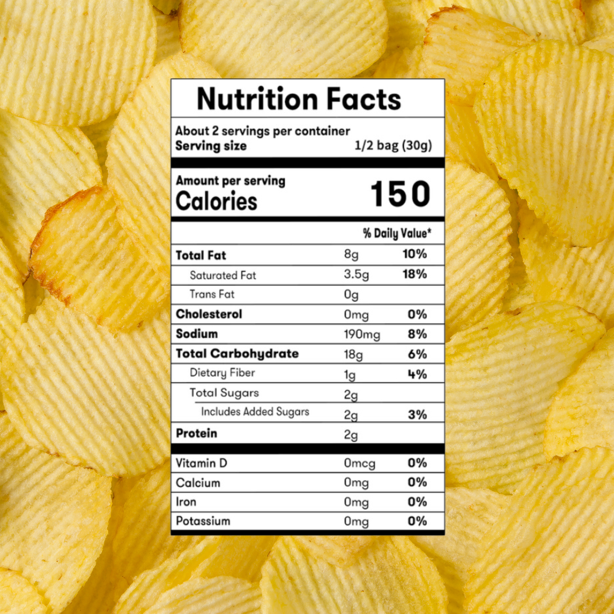 Lay’s chip nutritional facts label over a background of plain ridged chips, showing calorie and nutrition breakdown per serving.