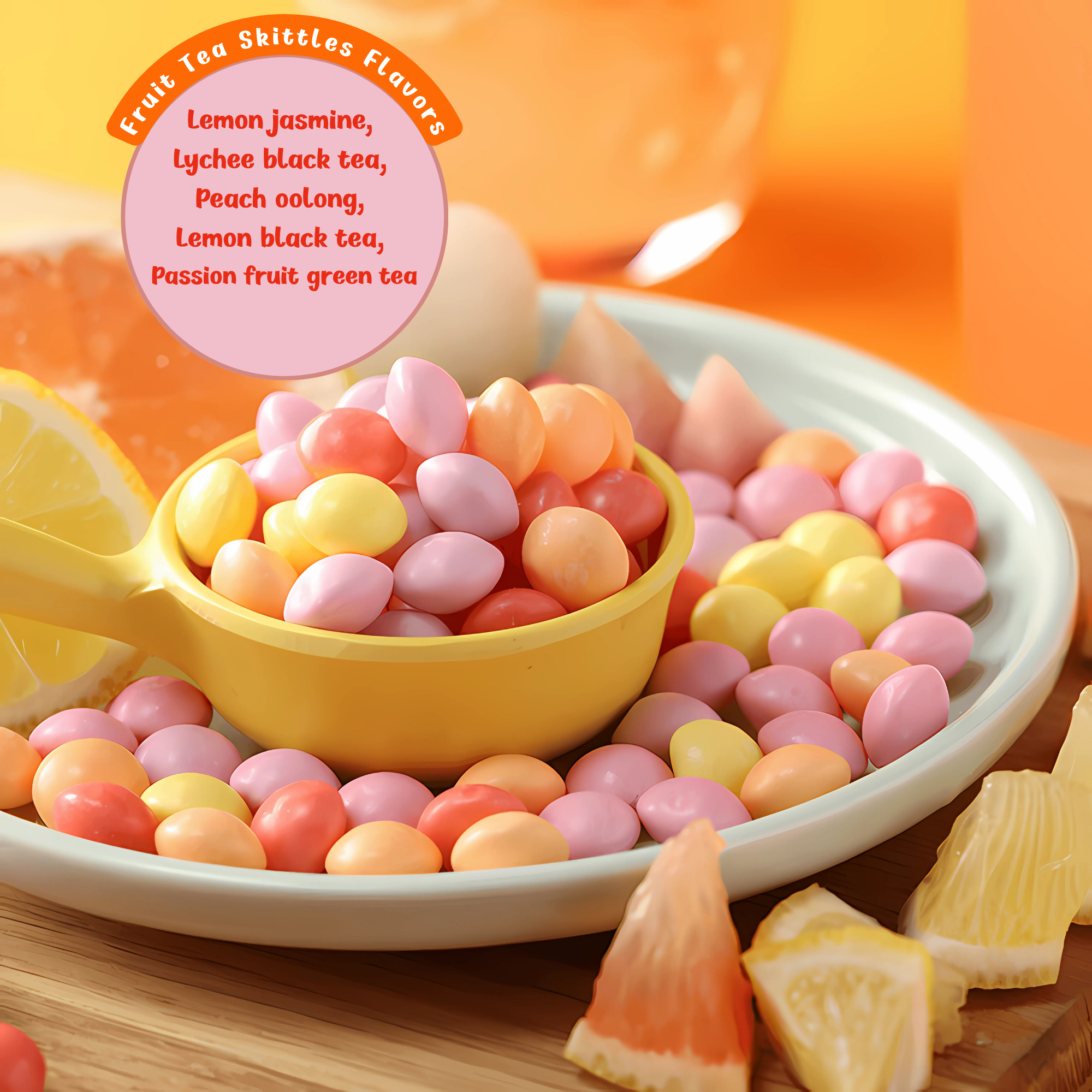 Close-up of colorful Taiwanese Fruit Tea Skittles in a bowl surrounded by citrus and tropical fruits