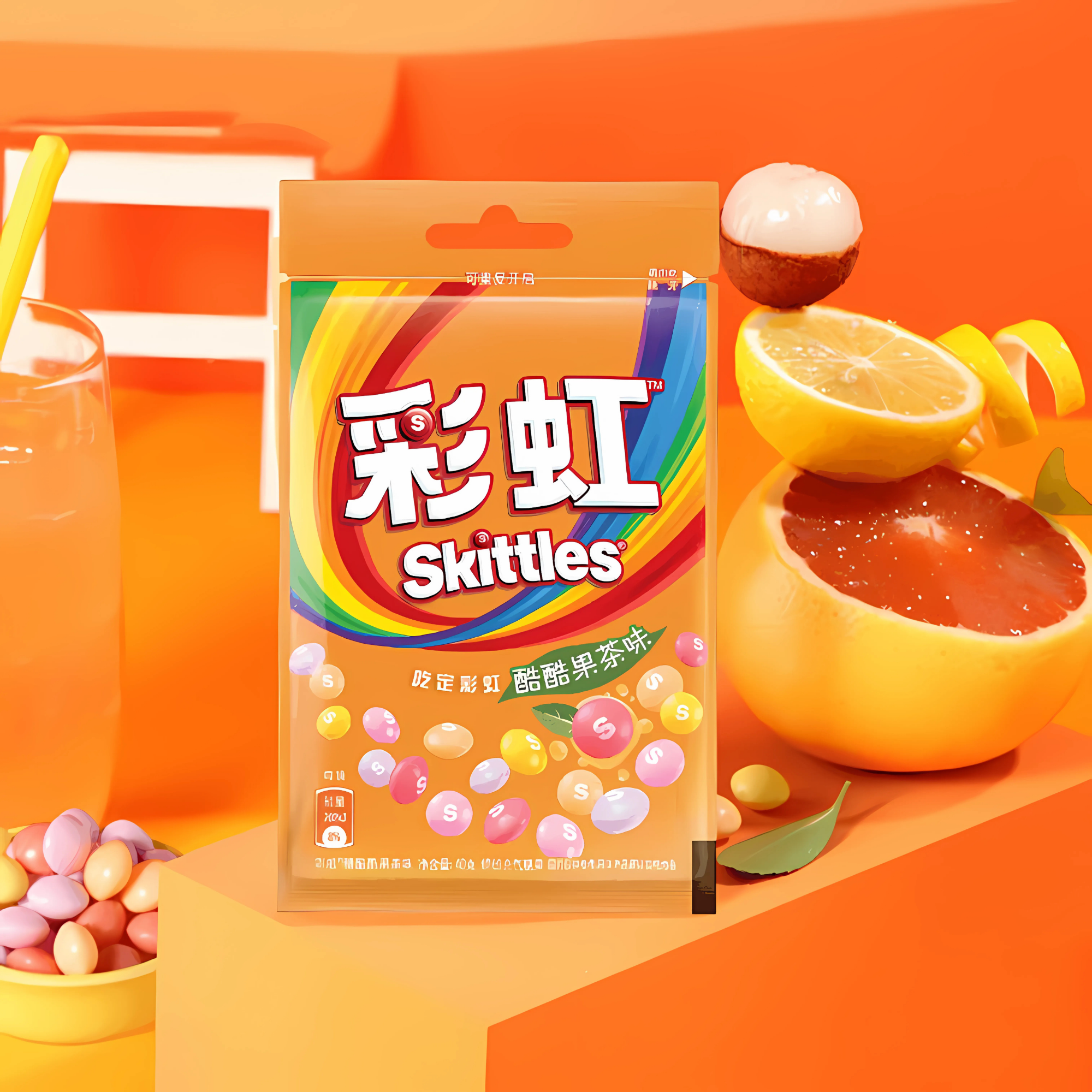 Taiwan-exclusive Fruit Tea Skittles pouch beside tropical fruit slices and a fruity tea beverage