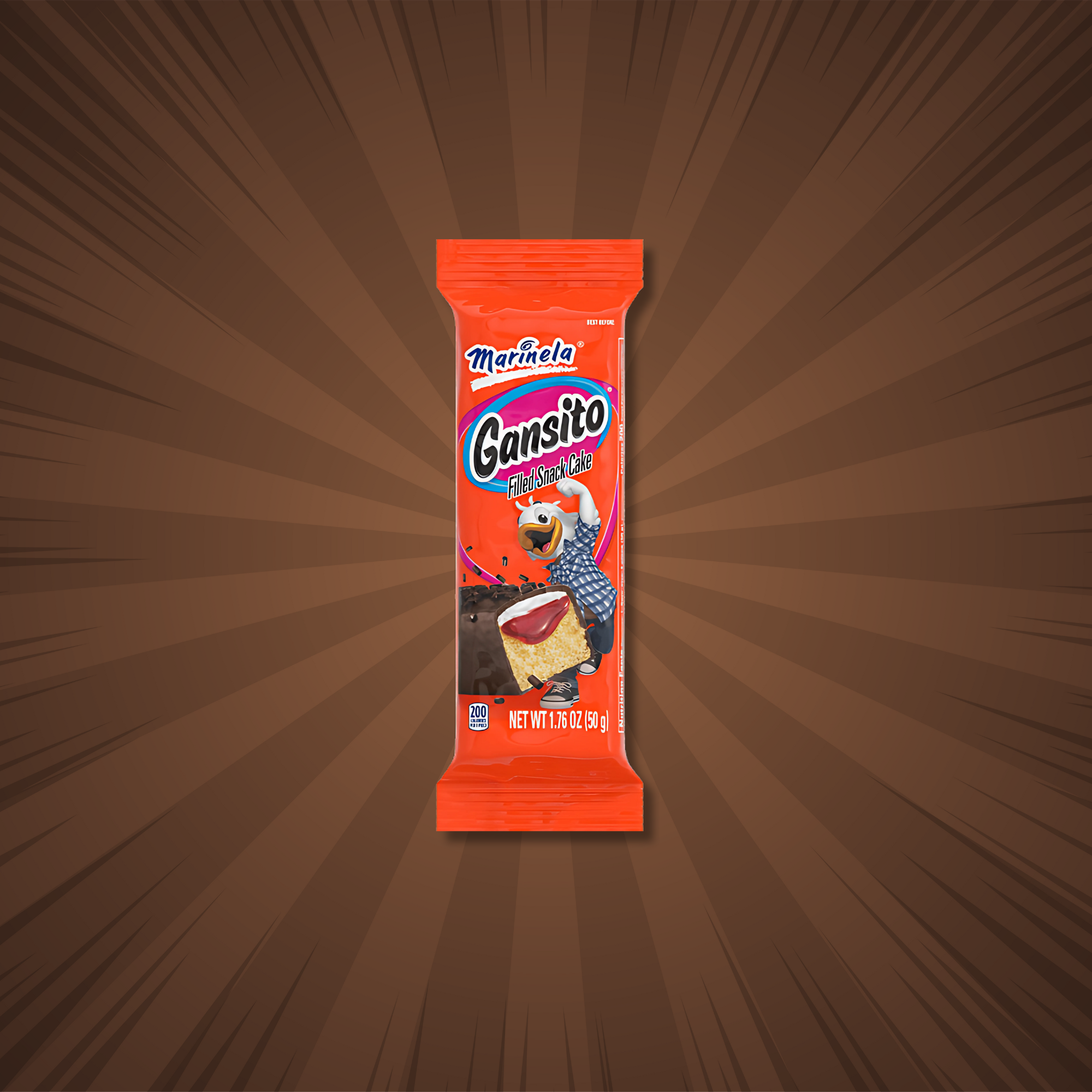 Gansito snack cake in its orange wrapper on a dynamic brown burst background.