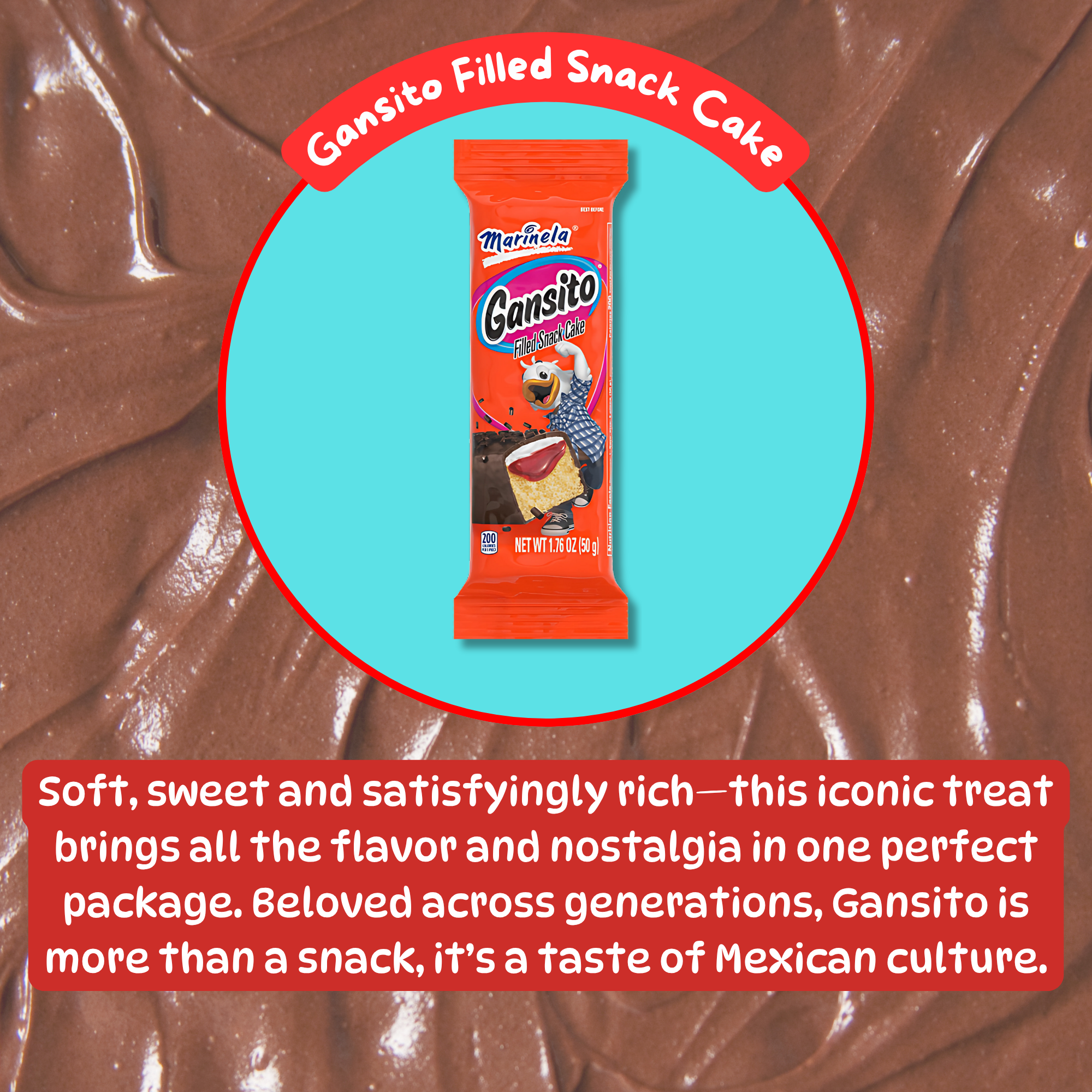 Gansito snack cake placed inside a turquoise and red circle with descriptive flavor text and swirled chocolate background.