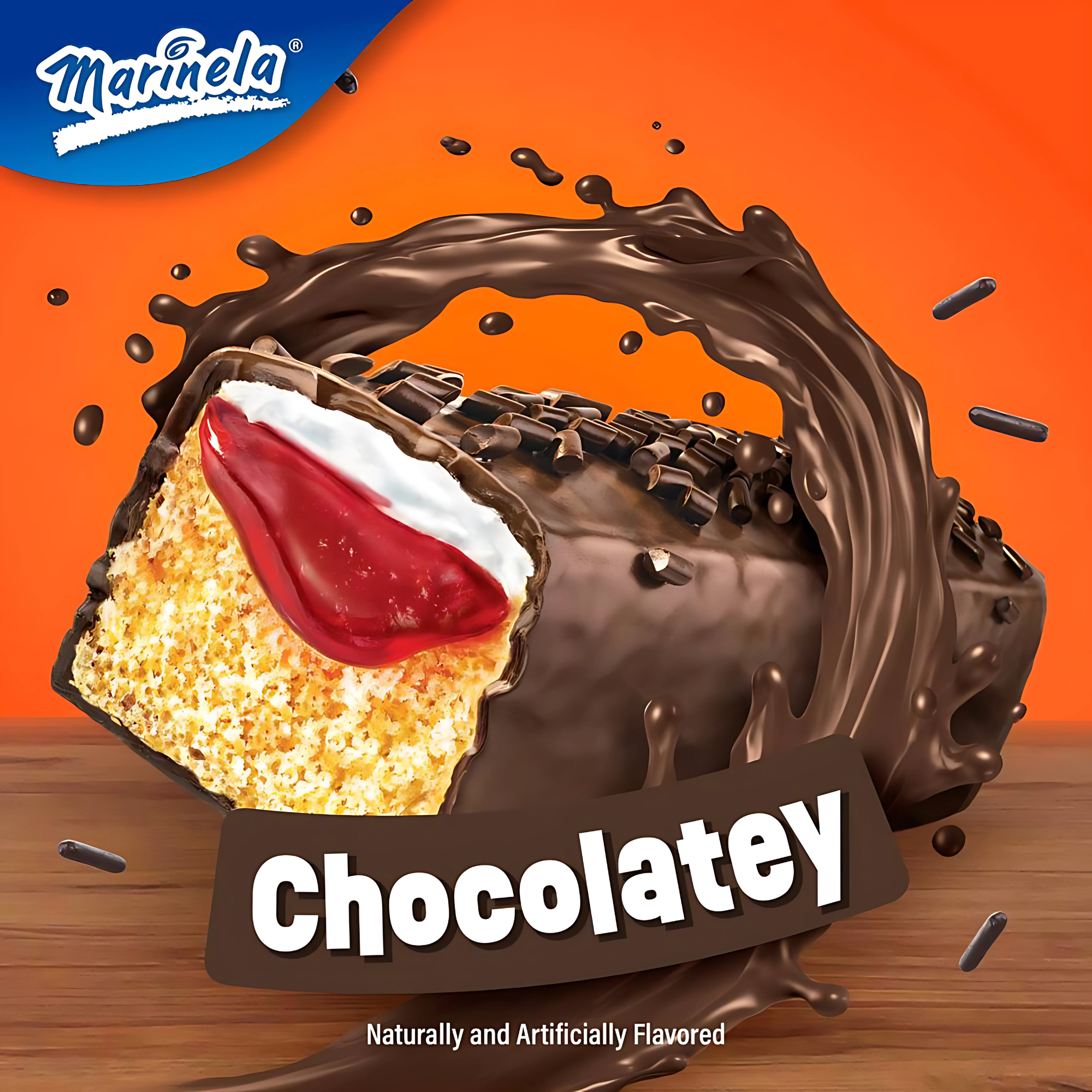 Cross-section of a chocolate-covered Gansito cake with flowing melted chocolate and vibrant orange background.