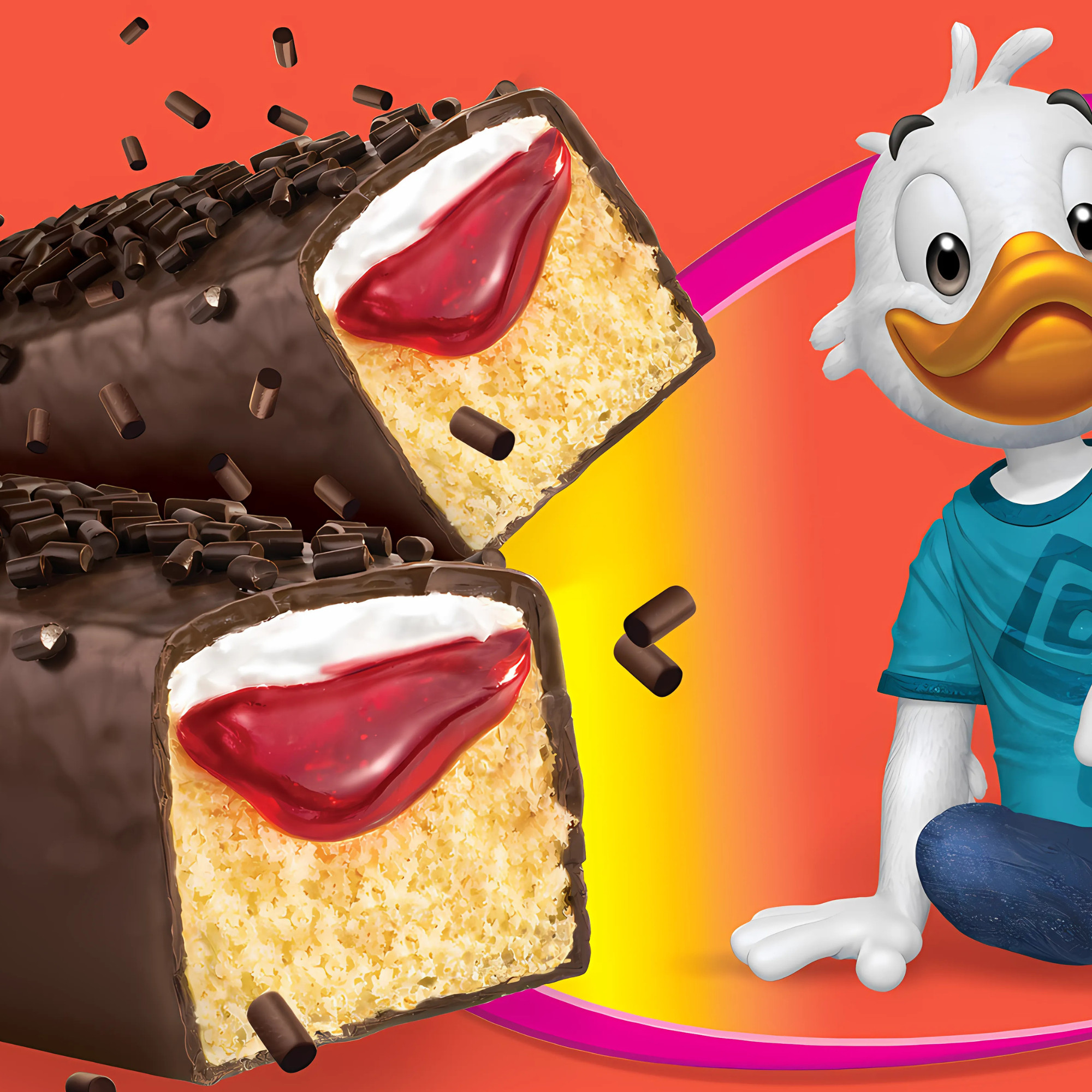Gansito cake and wrapper with a brightly colored background, showcasing the brand’s cartoon duck mascot.