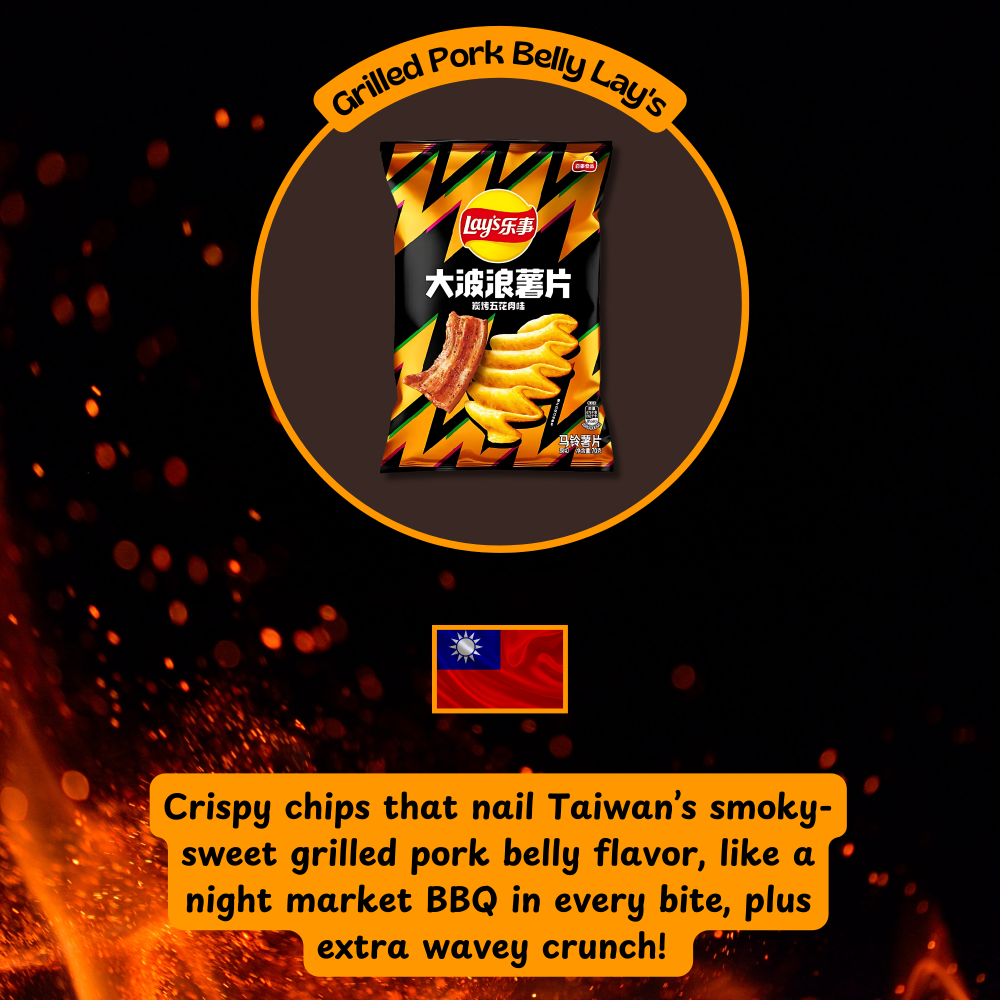 Bag of Lay’s chips with Taiwan flag. Description highlights smoky-sweet BBQ flavor and wavy crunch. Fiery background.