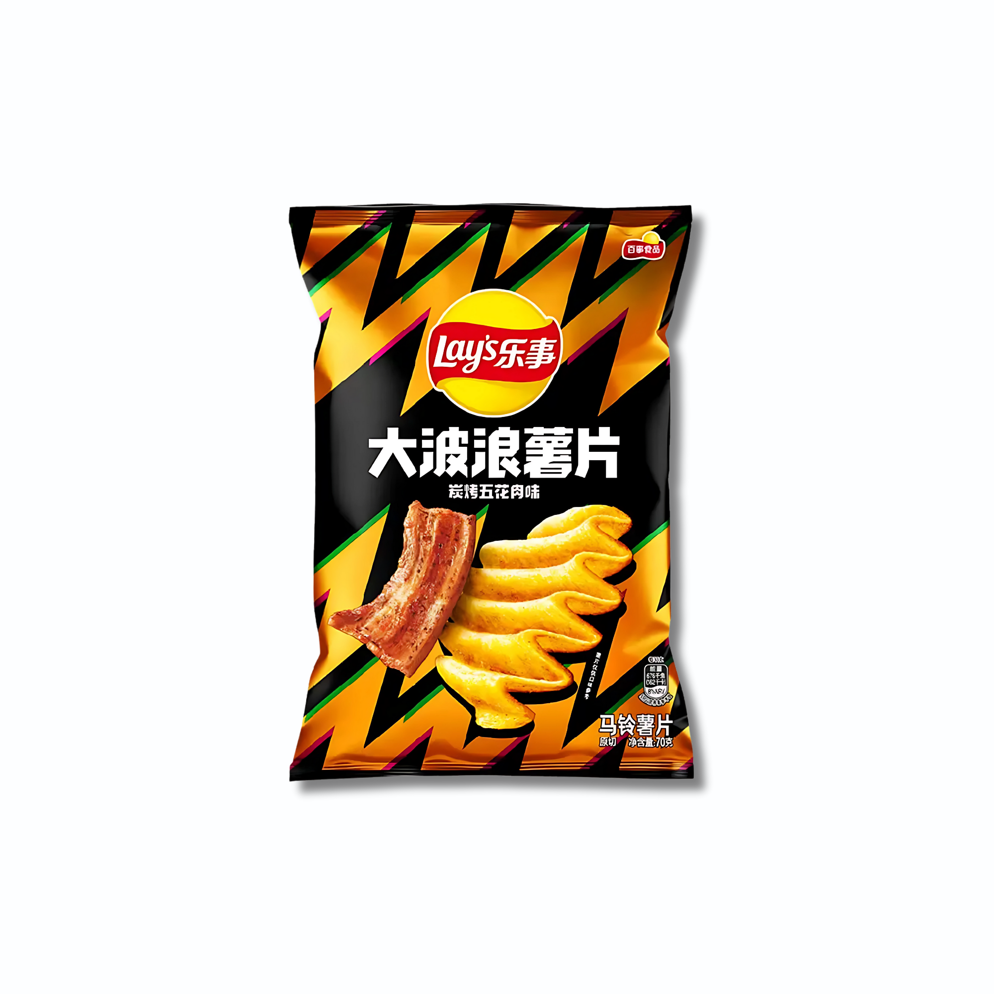 A Grilled Pork Belly Lay’s potato chips bag, featuring a bold zigzag pattern in black and yellow with Chinese text and images of crispy chips and bacon against a white background.