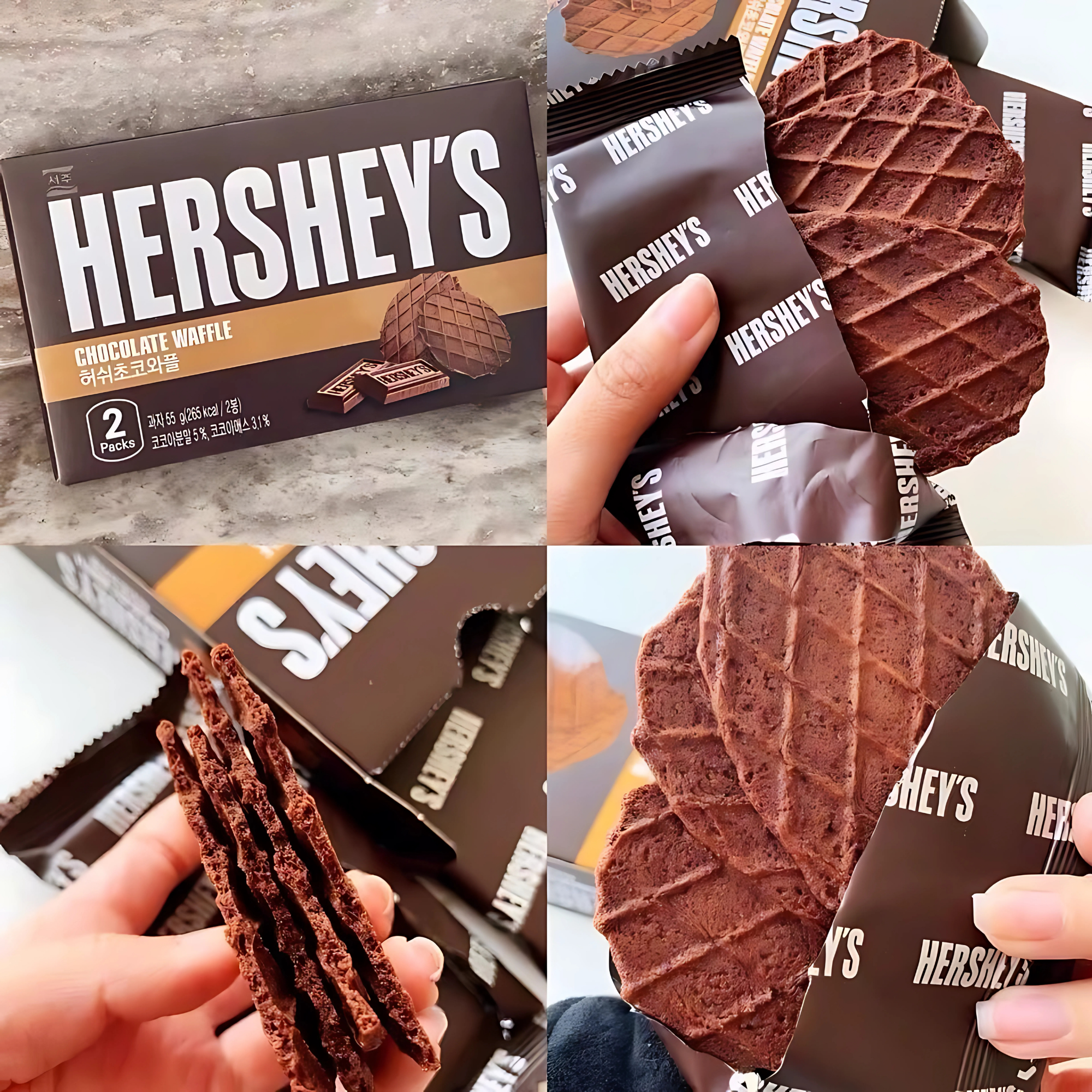 Unboxed Hershey’s Chocolate Waffles held in hand, showcasing texture and packaging branding