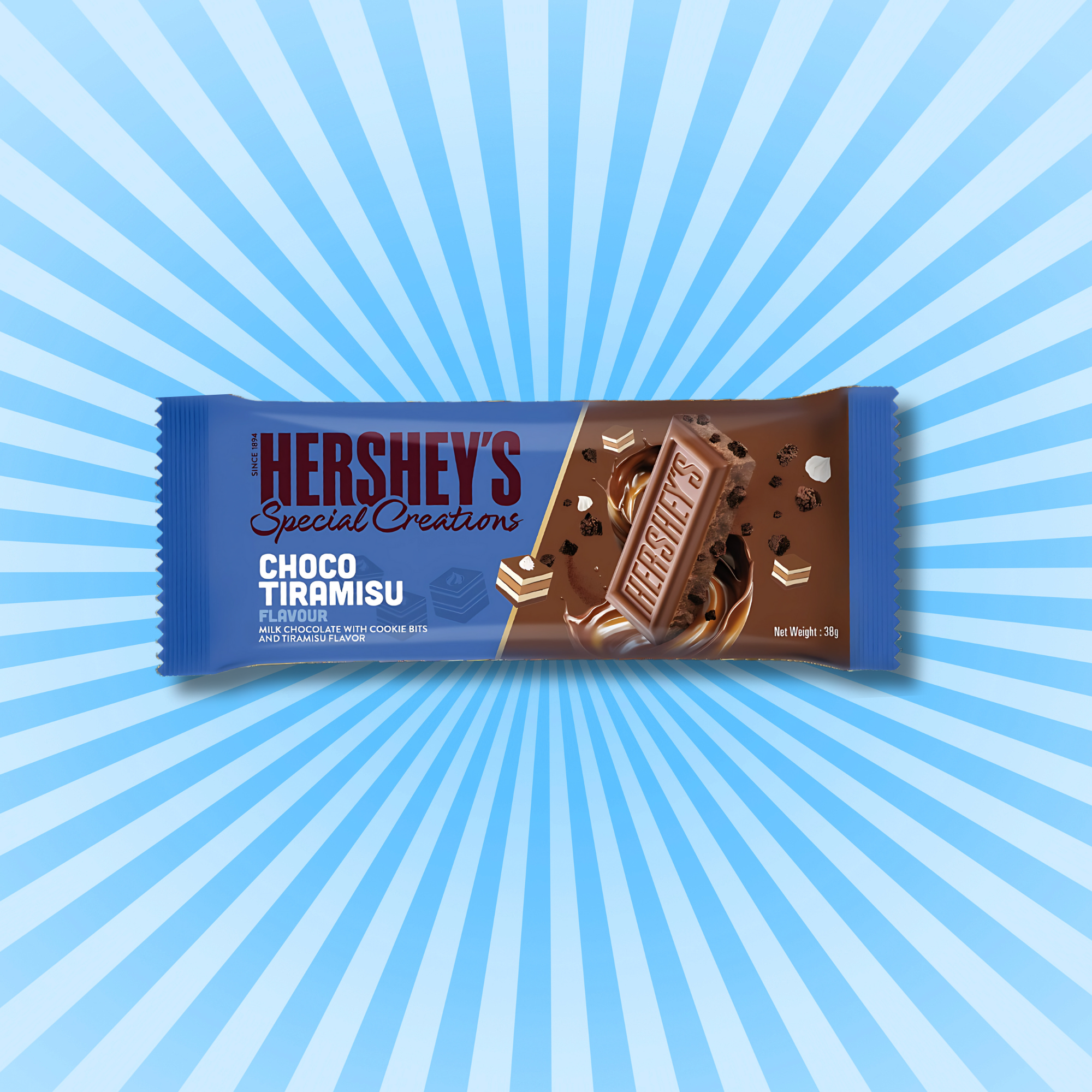 Thai Hershey’s Choco-Tiramisu chocolate bar on radiant blue background – special edition with coffee and cream dessert flavors