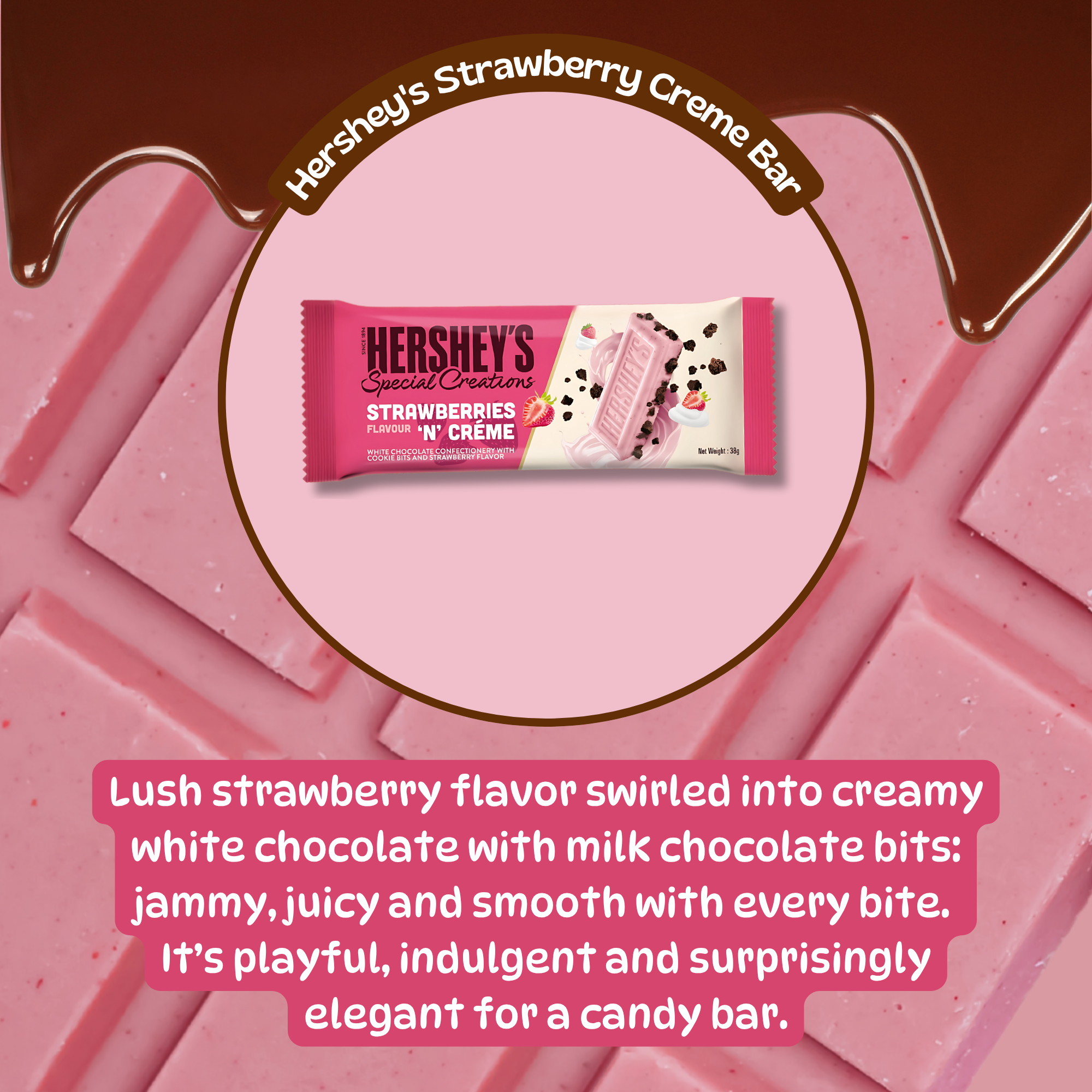 Hershey's Strawberry N Creme Bar with pink strawberry chocolate and creamy white chocolate pieces. Background shows pink chocolate squares and dripping chocolate.