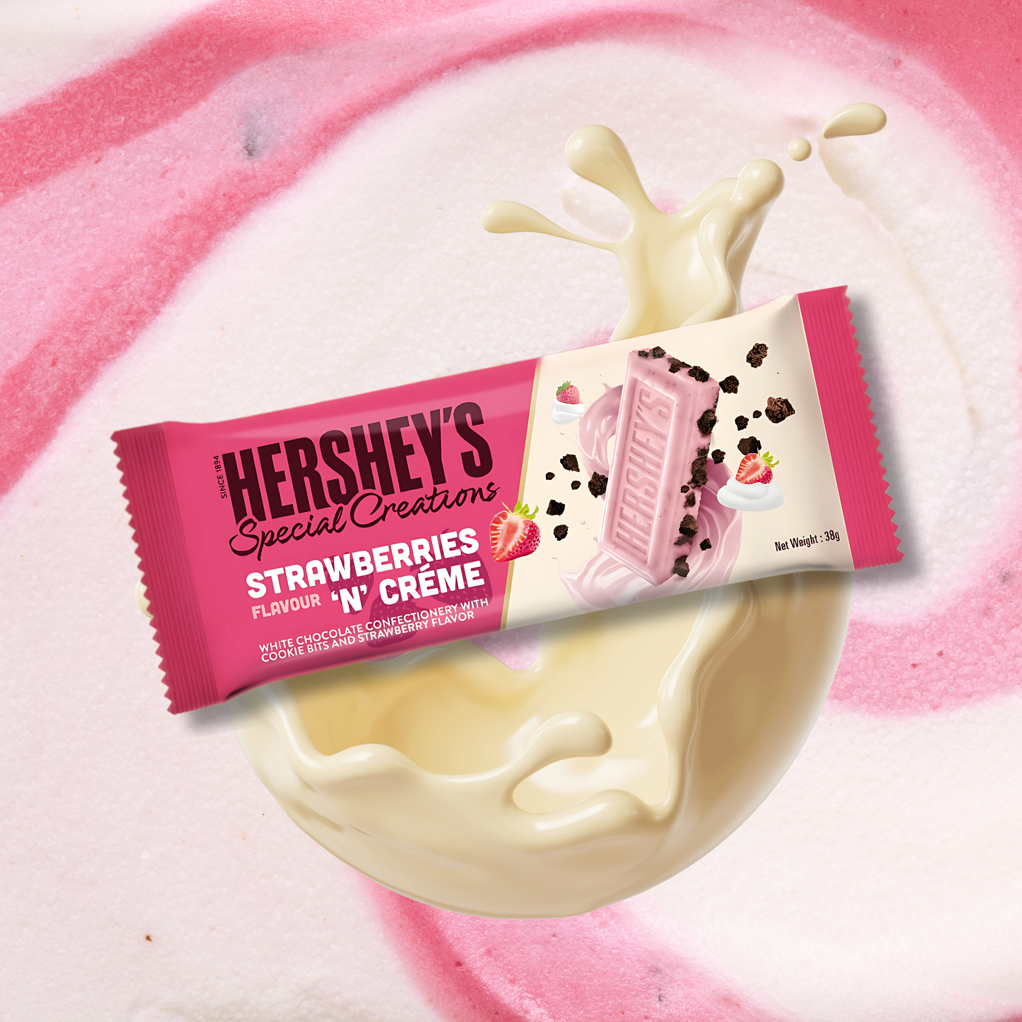 Hershey's Strawberries 'n' Crème chocolate bar on a pink and white swirled background, with splashes of cream and cookie bits.