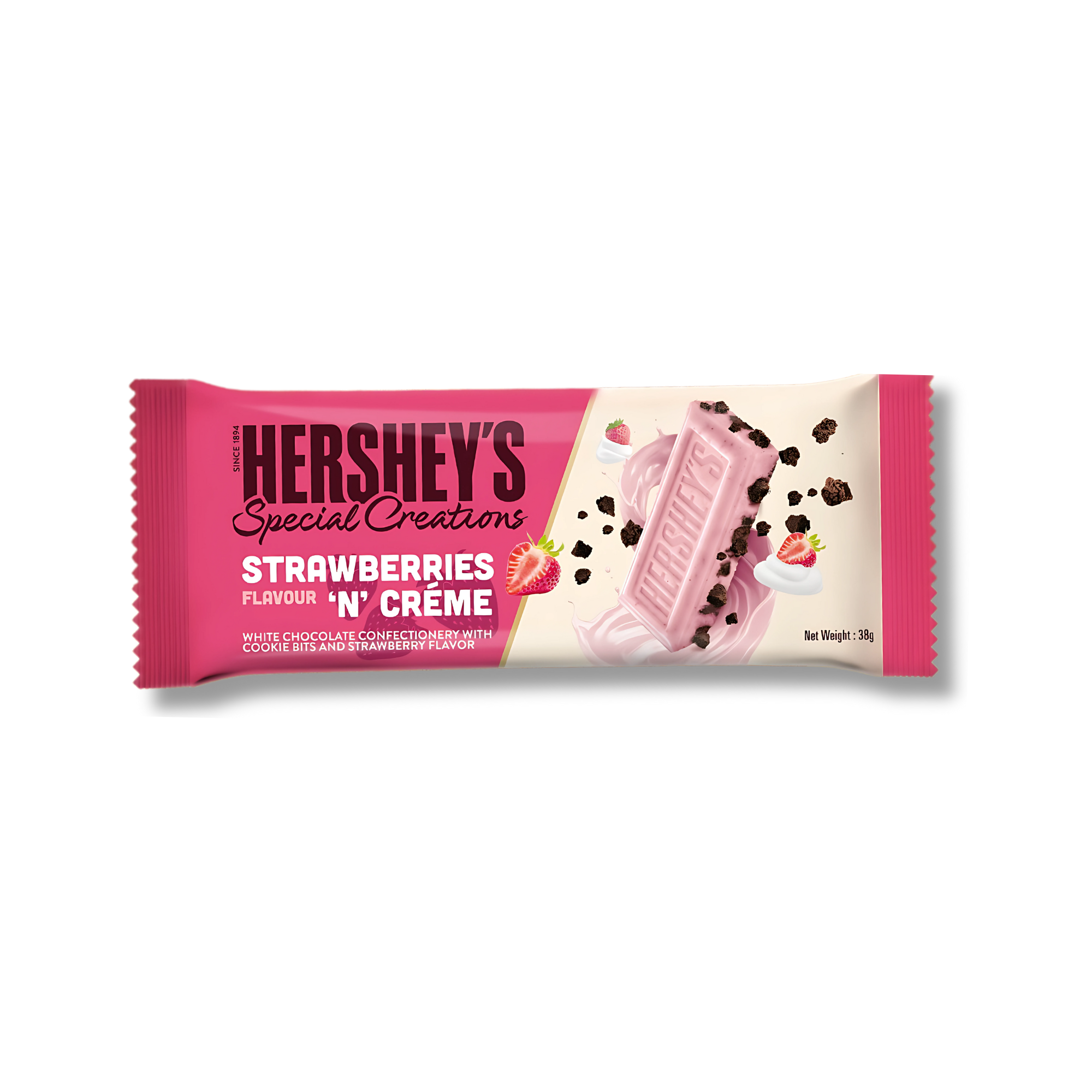 Pink packaging of Hershey's Strawberries 'n' Crème chocolate bar, featuring strawberries and cookie bits on a white background.