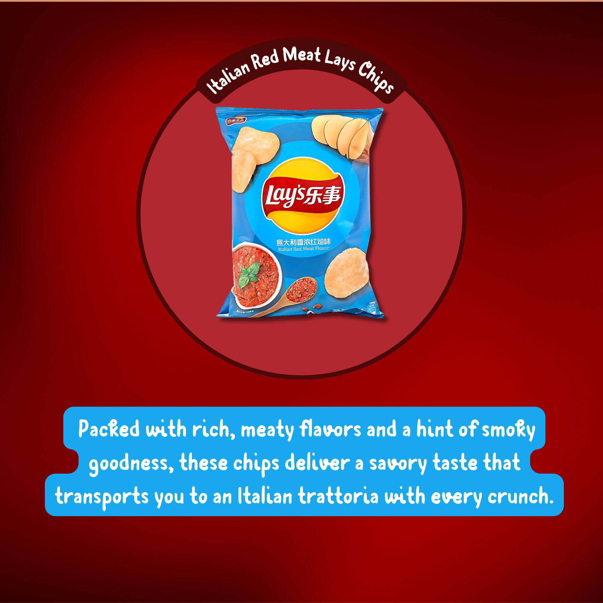 Italian Red Meat Lay’s Chips with tagline and rich red meaty graphics on deep red background