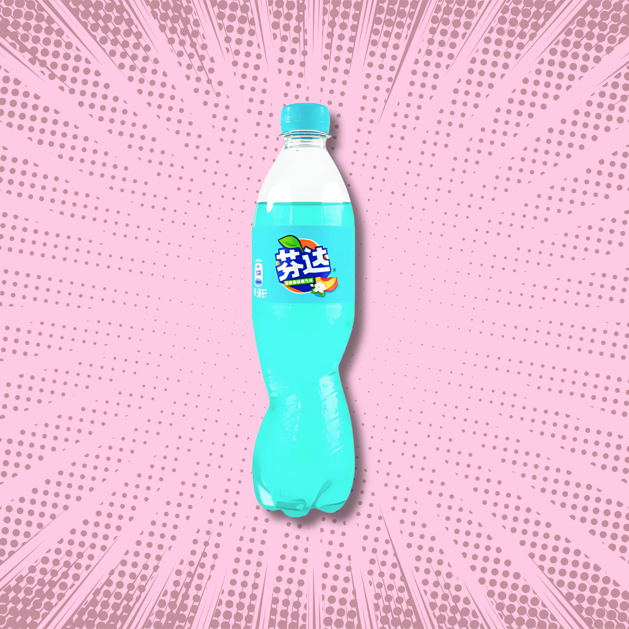 A turquoise bottle of Jasmine Peach Fanta with a blue label stands on a pink, comic-style backdrop with radiating dots and lines. 