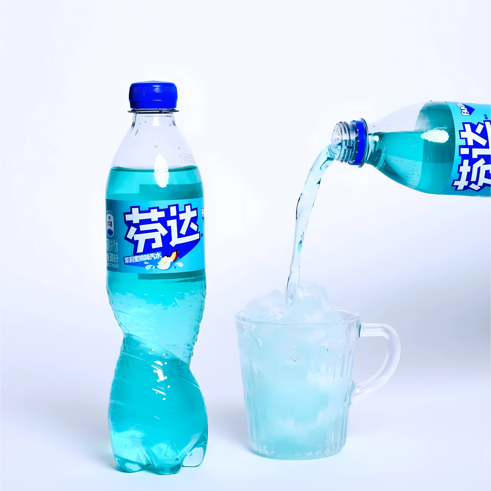 A bottle of Jasmine Peach Fanta stands beside a glass cup filled with ice as another bottle pours liquid into the cup.