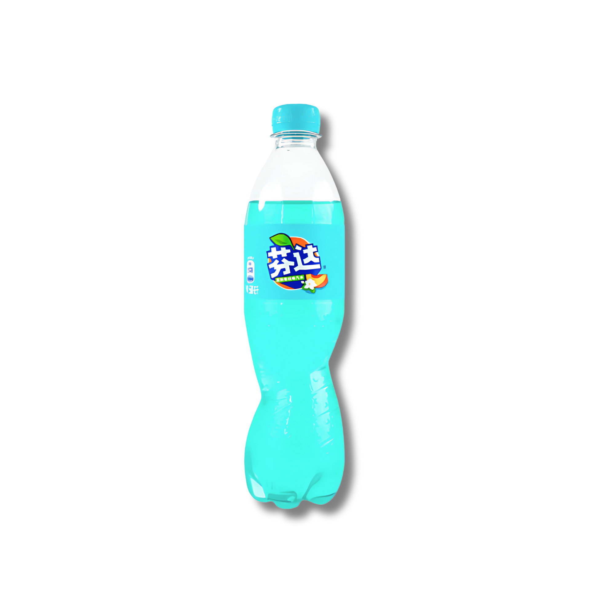 A turquoise bottle of Jasmine Peach Fanta with a blue label against a white background.