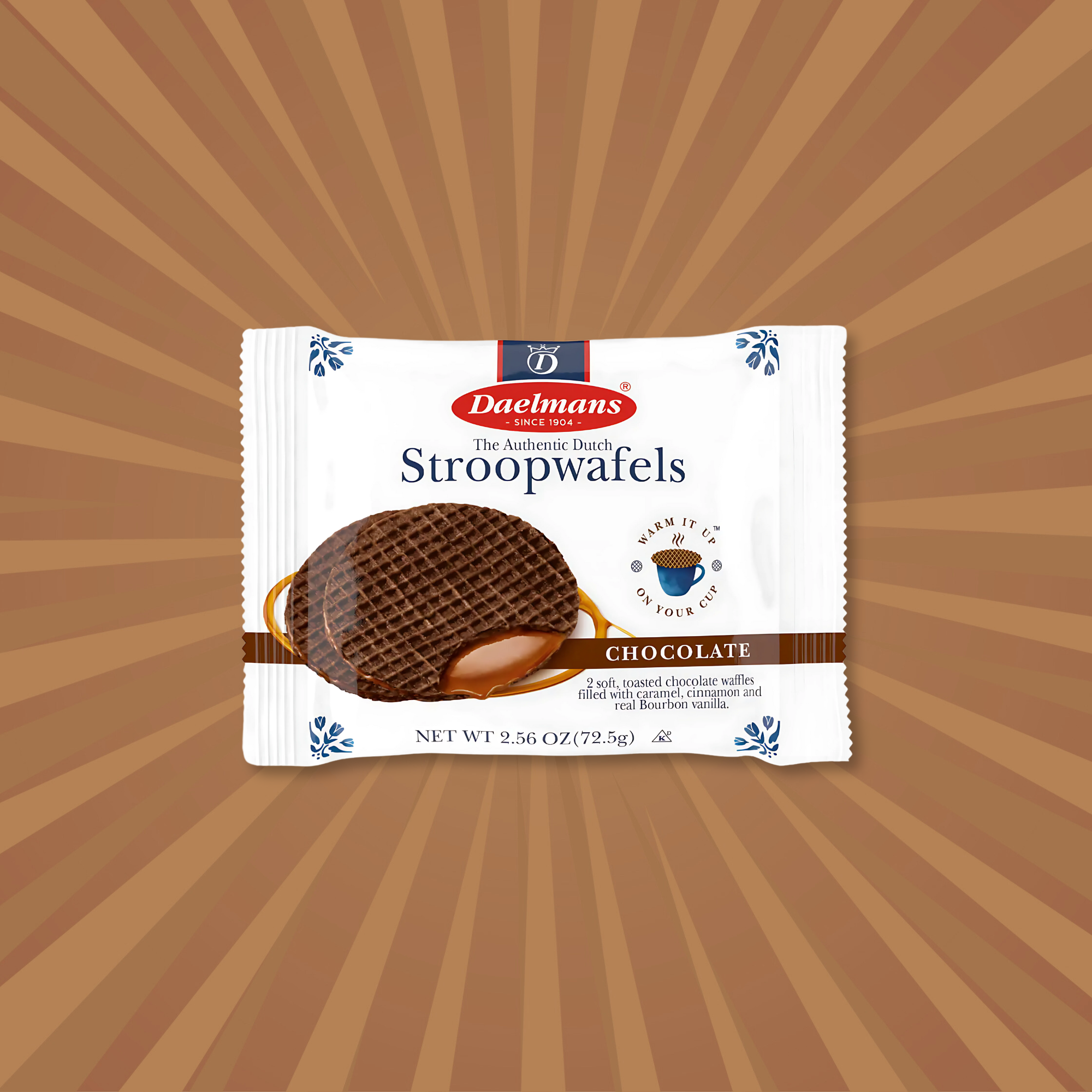 Pack of Daelmans Jumbo Chocolate Stroopwafels, featuring a large waffle image with caramel filling.