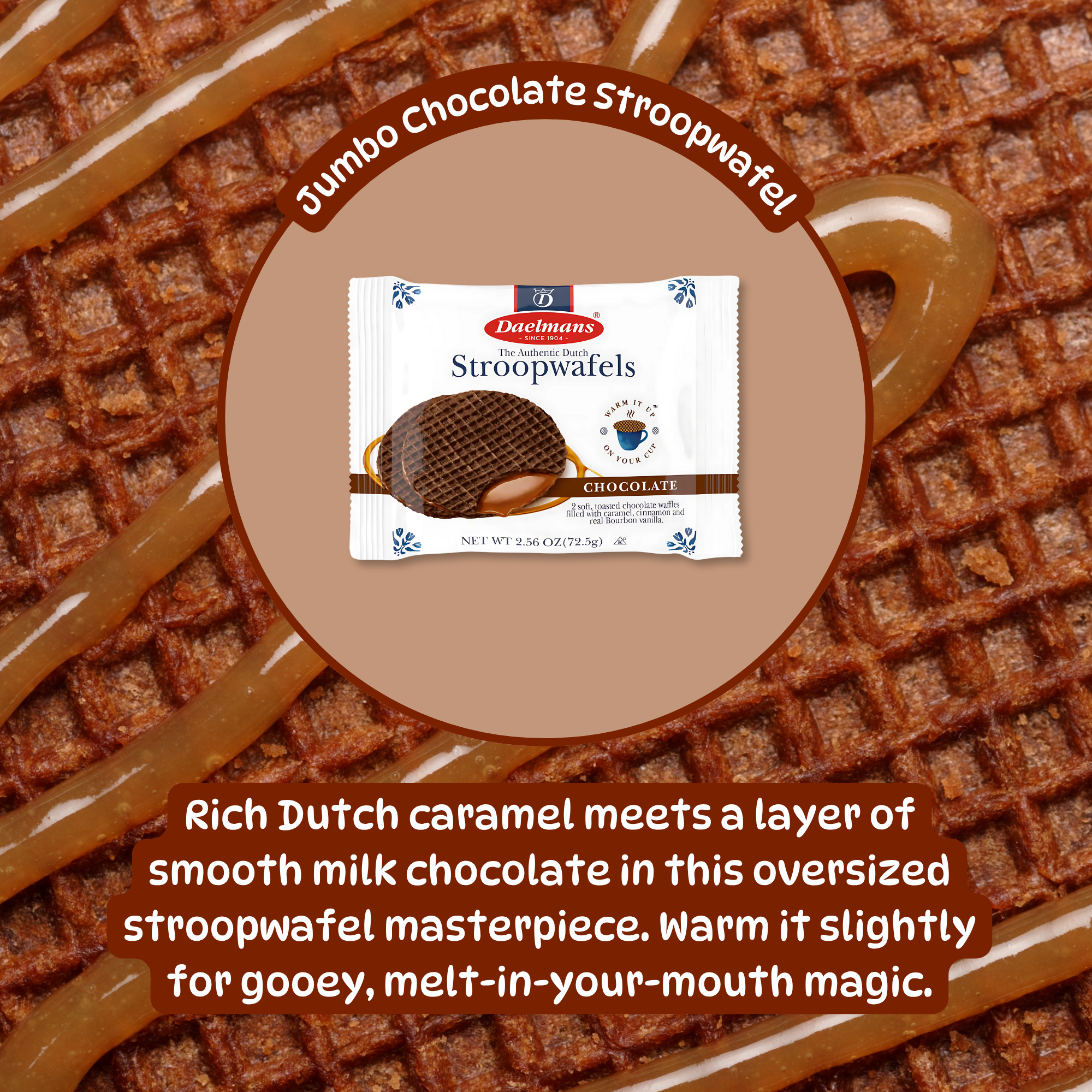 Pack of Daelmans Jumbo Chocolate Stroopwafels over a caramel-drizzled waffle background with a flavor description. 