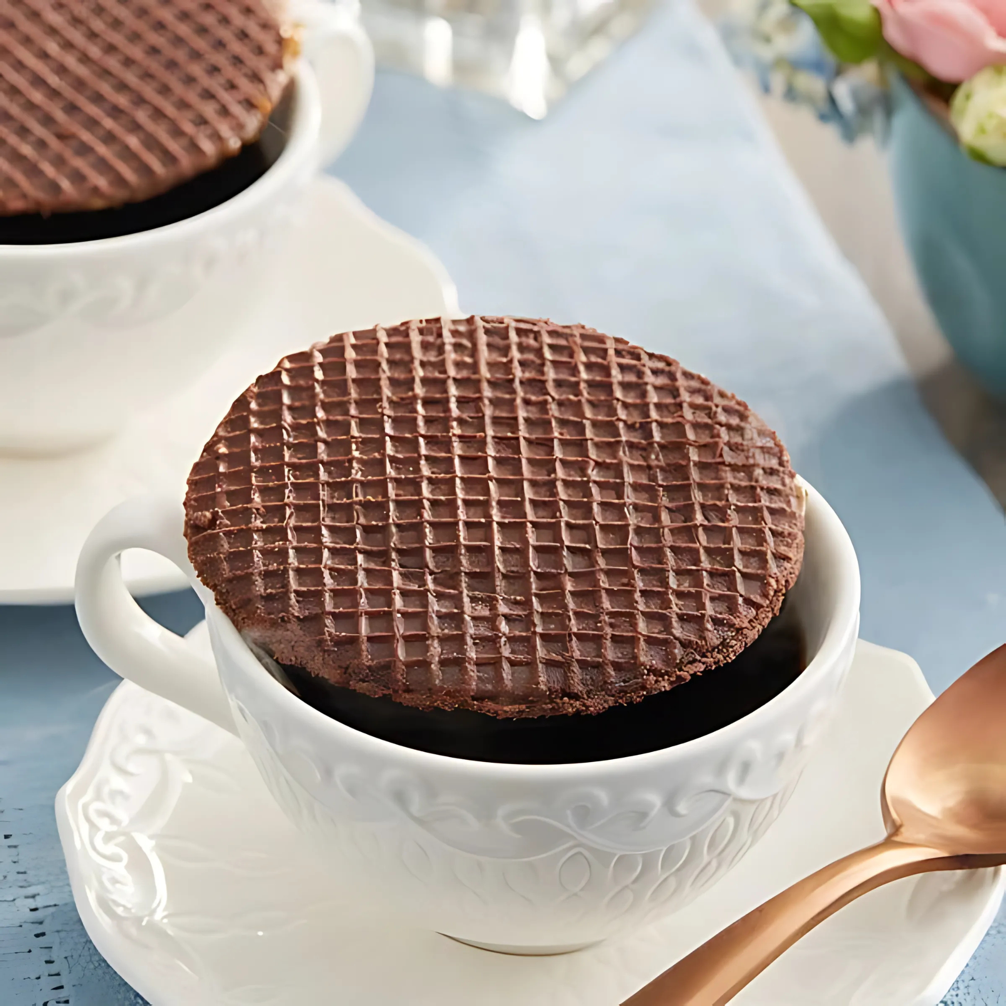 Elegant white teacup on a saucer, topped with a round chocolate stroopwafel wafer. 