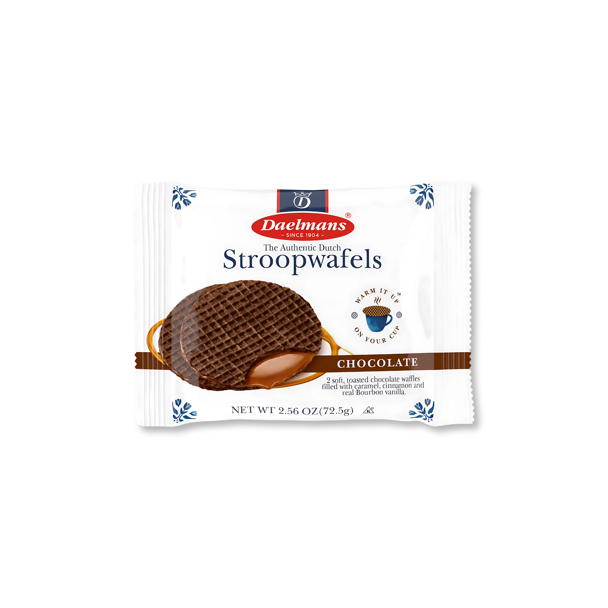 Pack of Daelmans Jumbo Chocolate Stroopwafels, featuring a large waffle image with caramel filling over a white background.