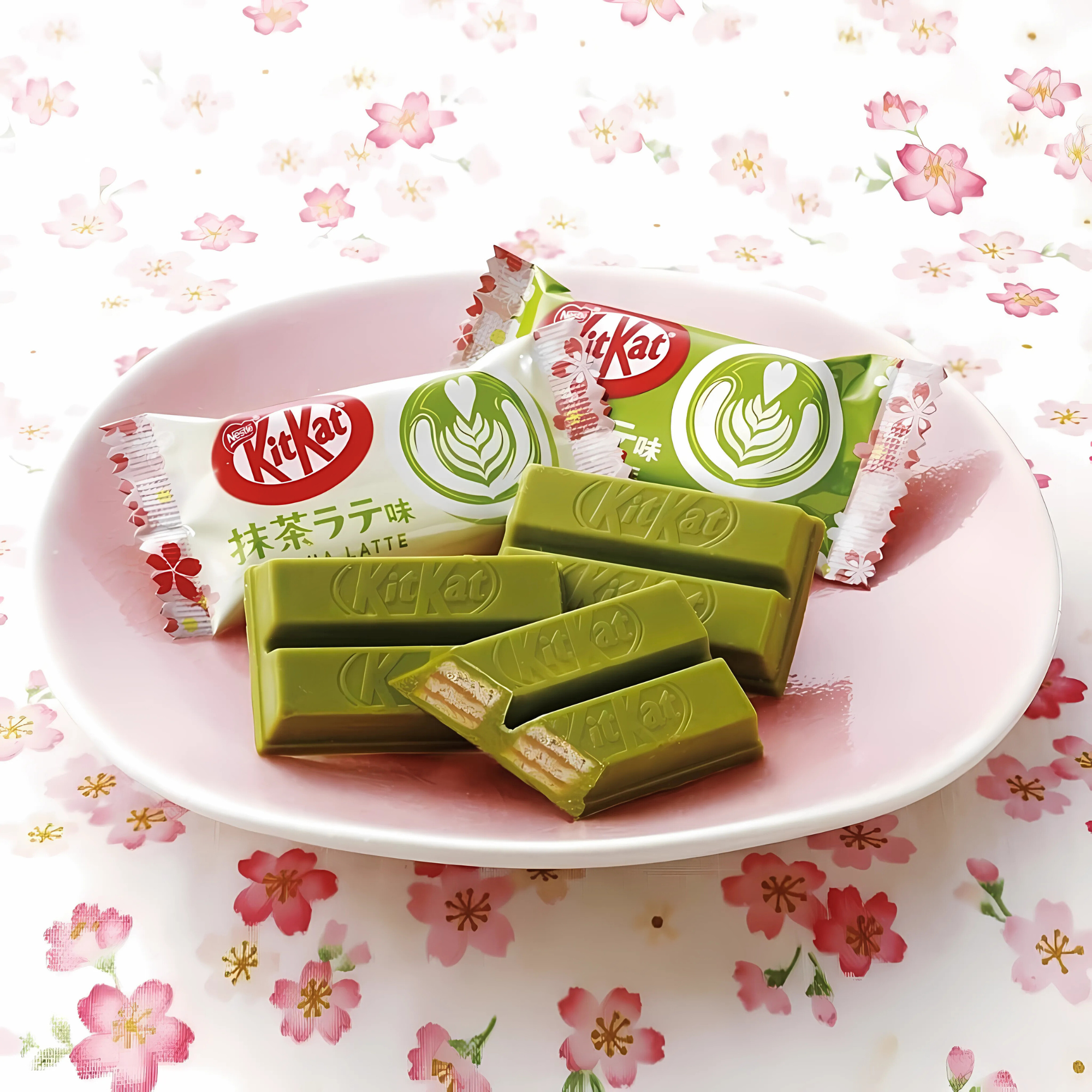 Green matcha Kit Kat bars on a pink plate, with floral packaging, against a cherry blossom patterned background. Limited edition flavored KitKats from Japan. 