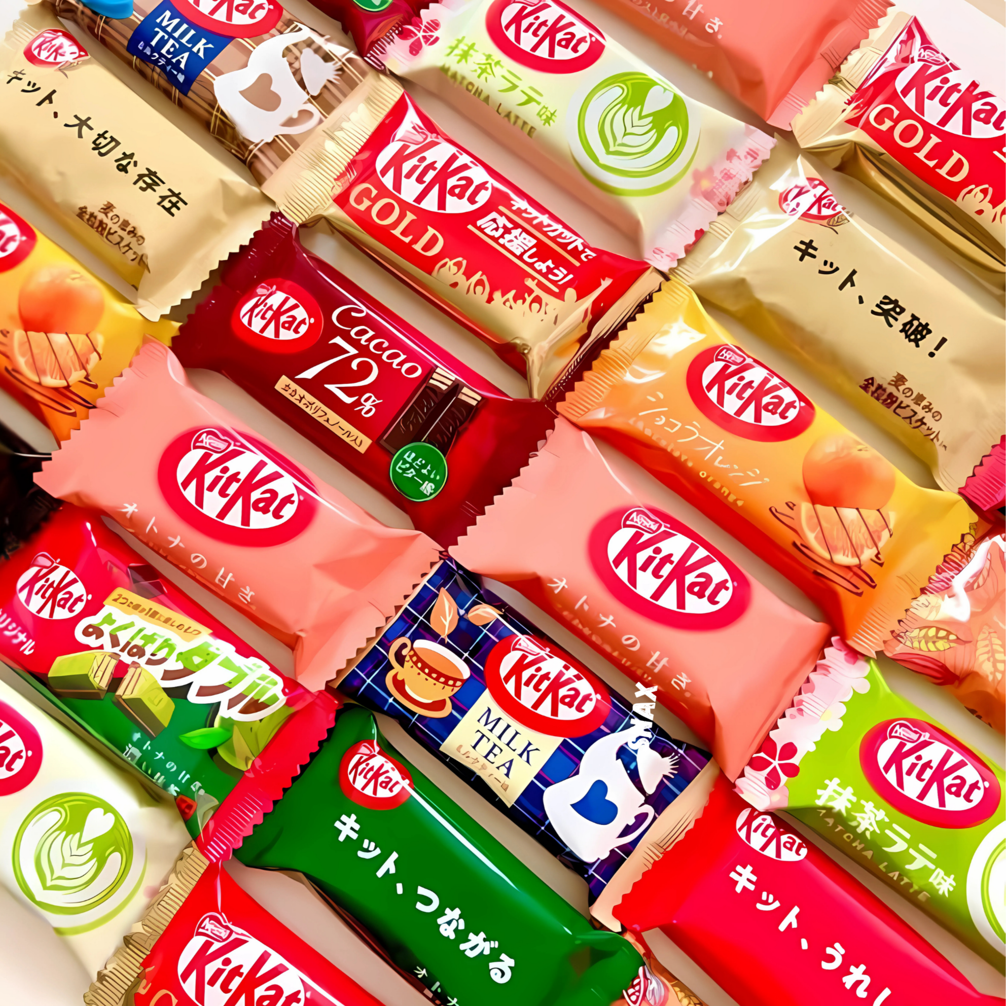 Close-up of assorted Japanese KitKat flavors including strawberry, matcha, and salted caramel gold kitkat flavors, arranged in a vibrant flat lay sampler for Pop Snax’s Tokyo Fun Box.