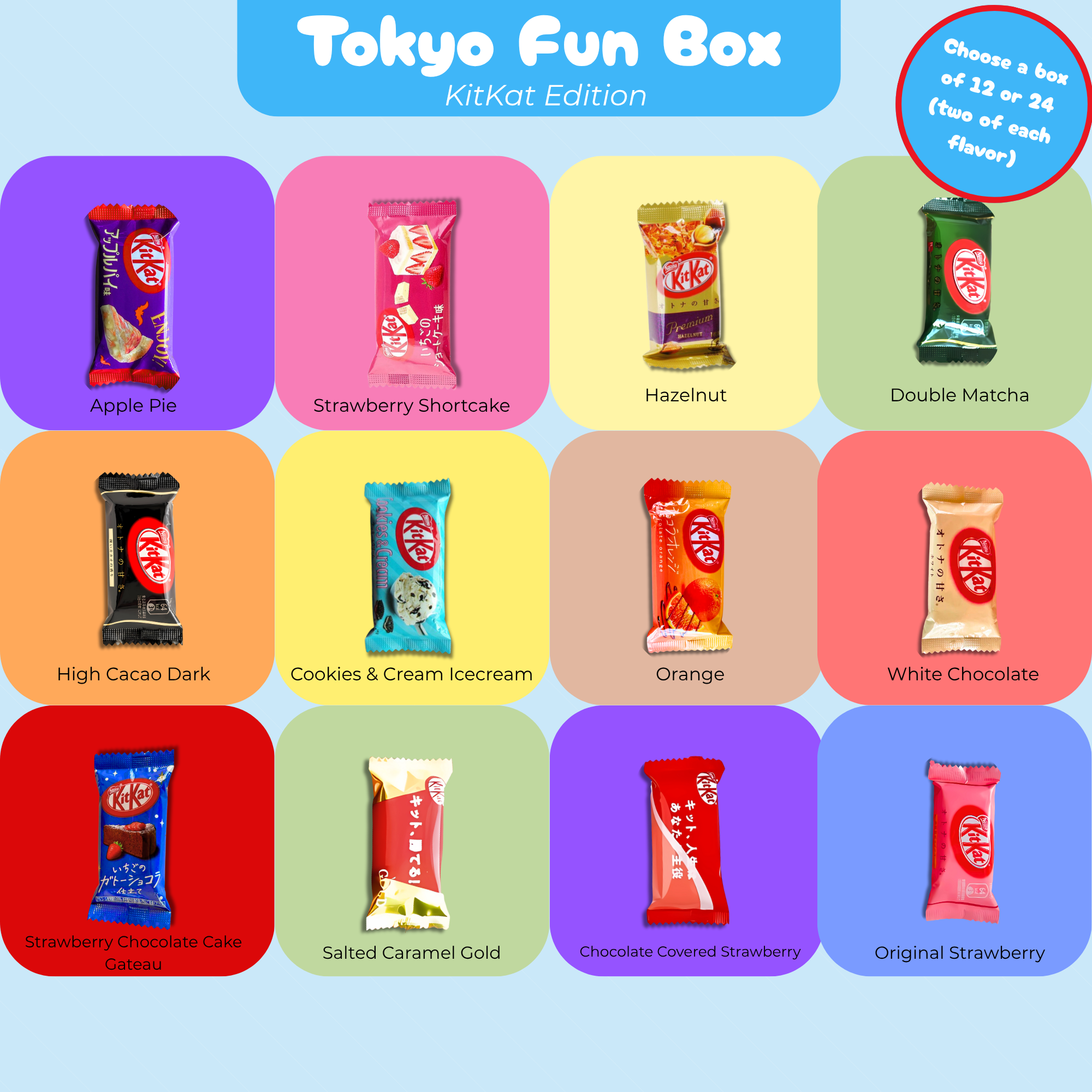 Tokyo Fun Box flavor guide showing 12 Japanese KitKat bars with names and visuals, including cookies & cream, salted caramel gold, and original strawberry.