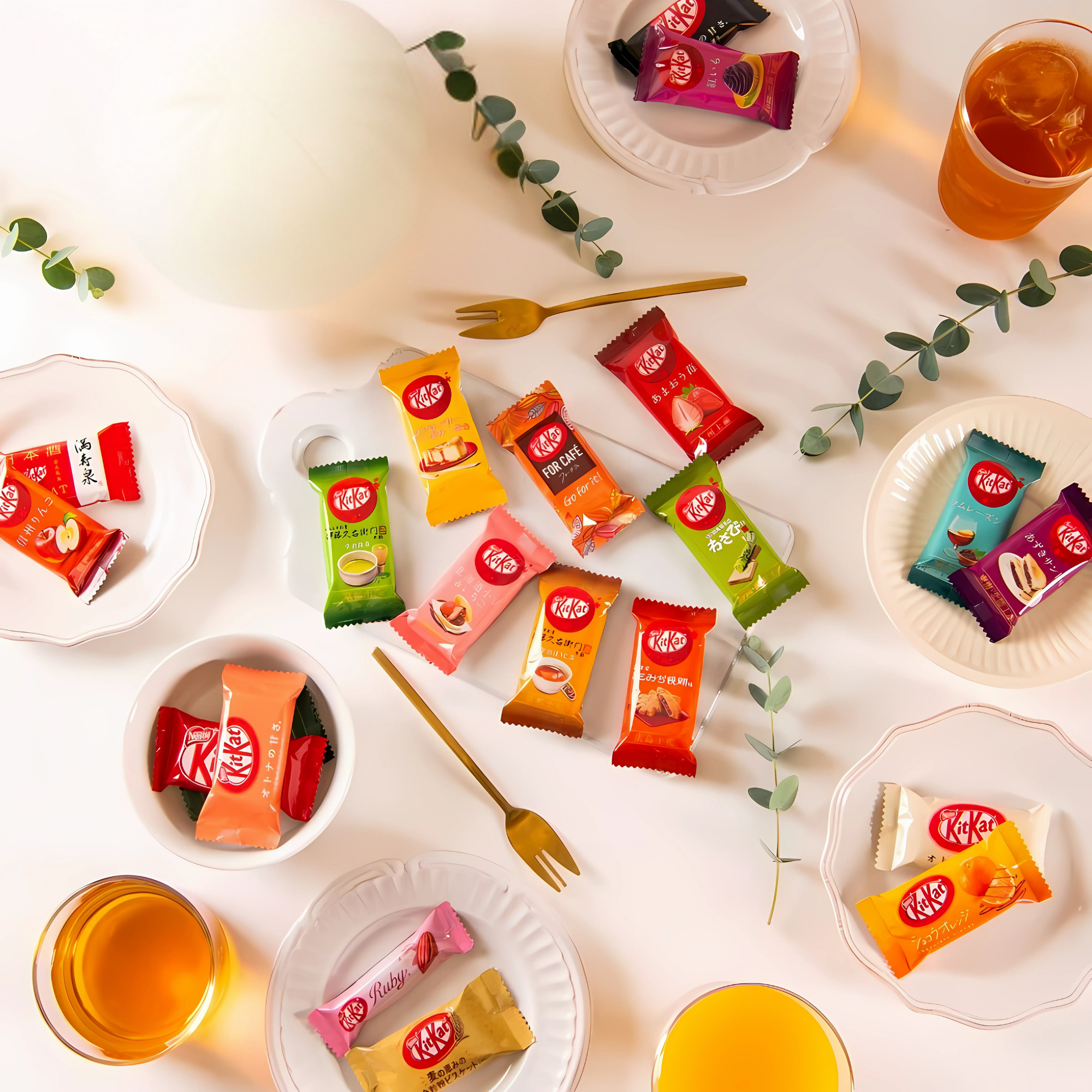 Lifestyle flat lay of Japanese KitKat sampler box with flavors spread across plates and surrounded by tea and greenery--perfect for gifting or tasting.