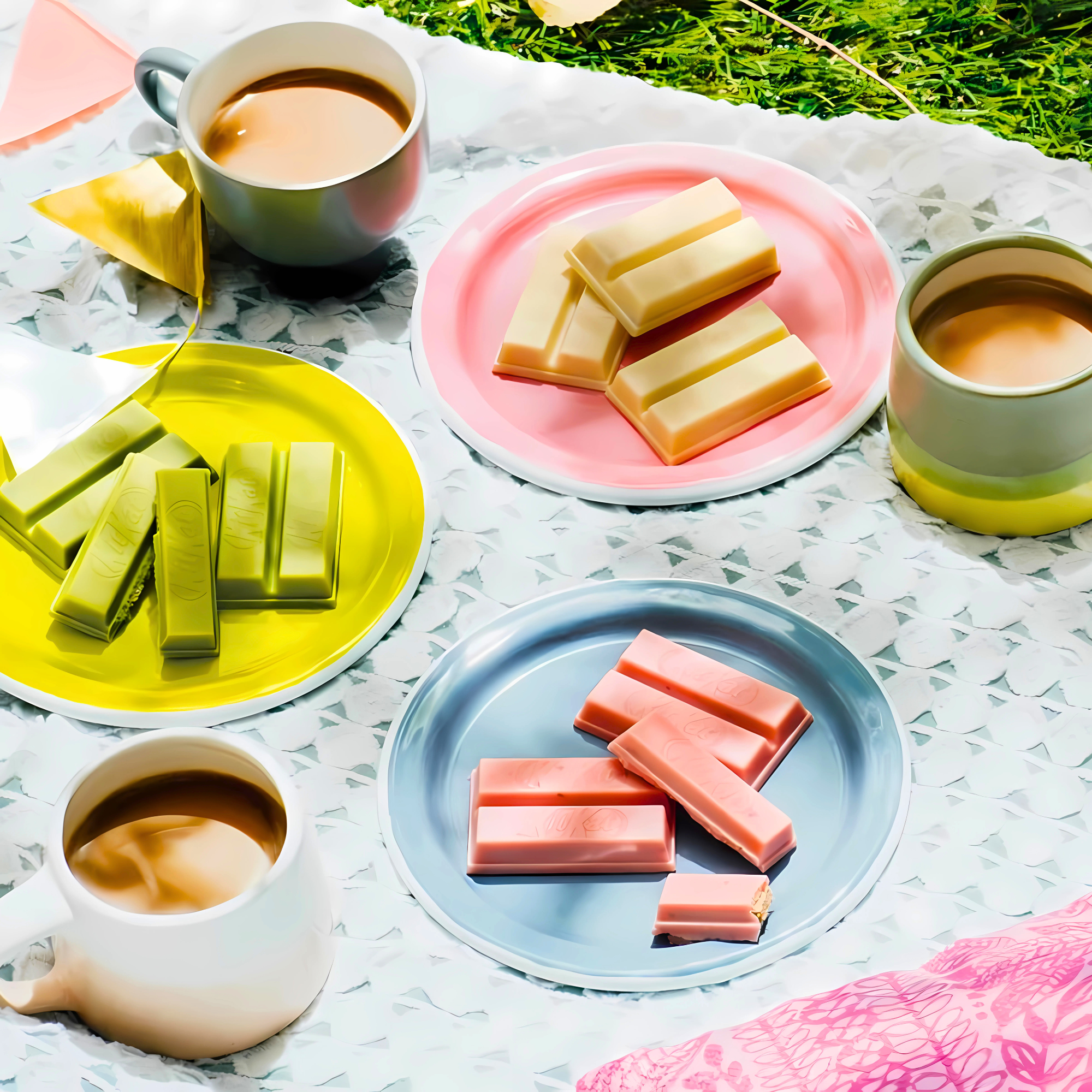 Pastel picnic scene with Japanese KitKats in matcha, white chocolate, and strawberry on colorful plates, styled with tea and sunshine for lifestyle appeal.