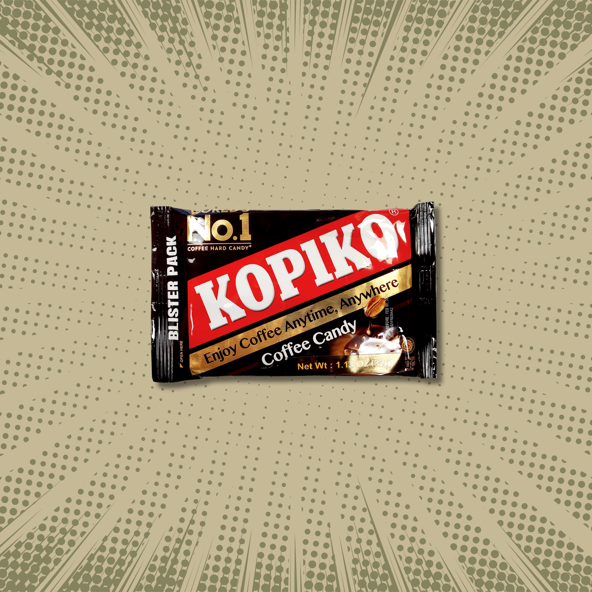 Packet of Kopiko coffee candy on a dotted, retro-style background. The packaging is black with bold red and white text.