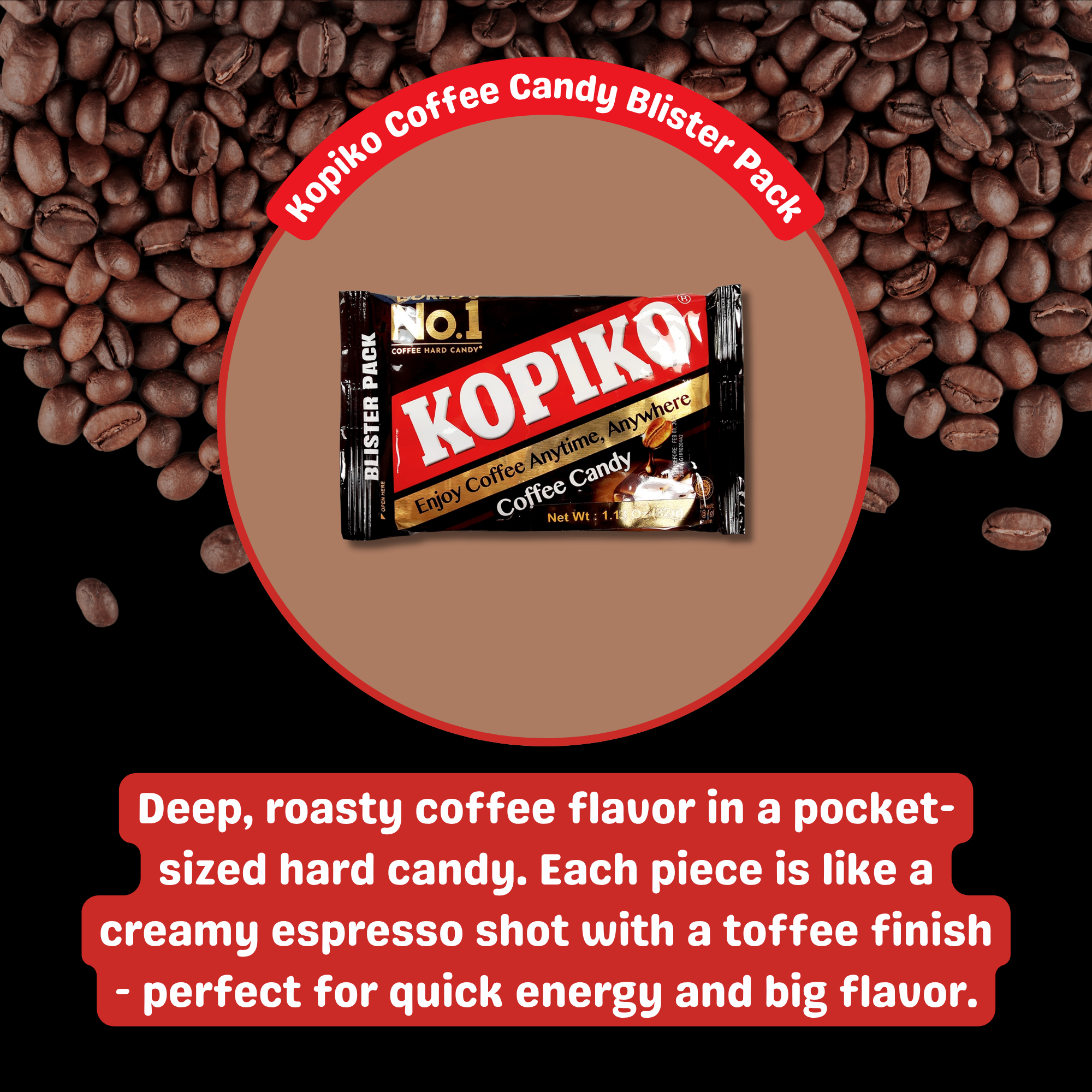 A Kopiko Coffee Candy Blister Pack is centered on a coffee bean background.
