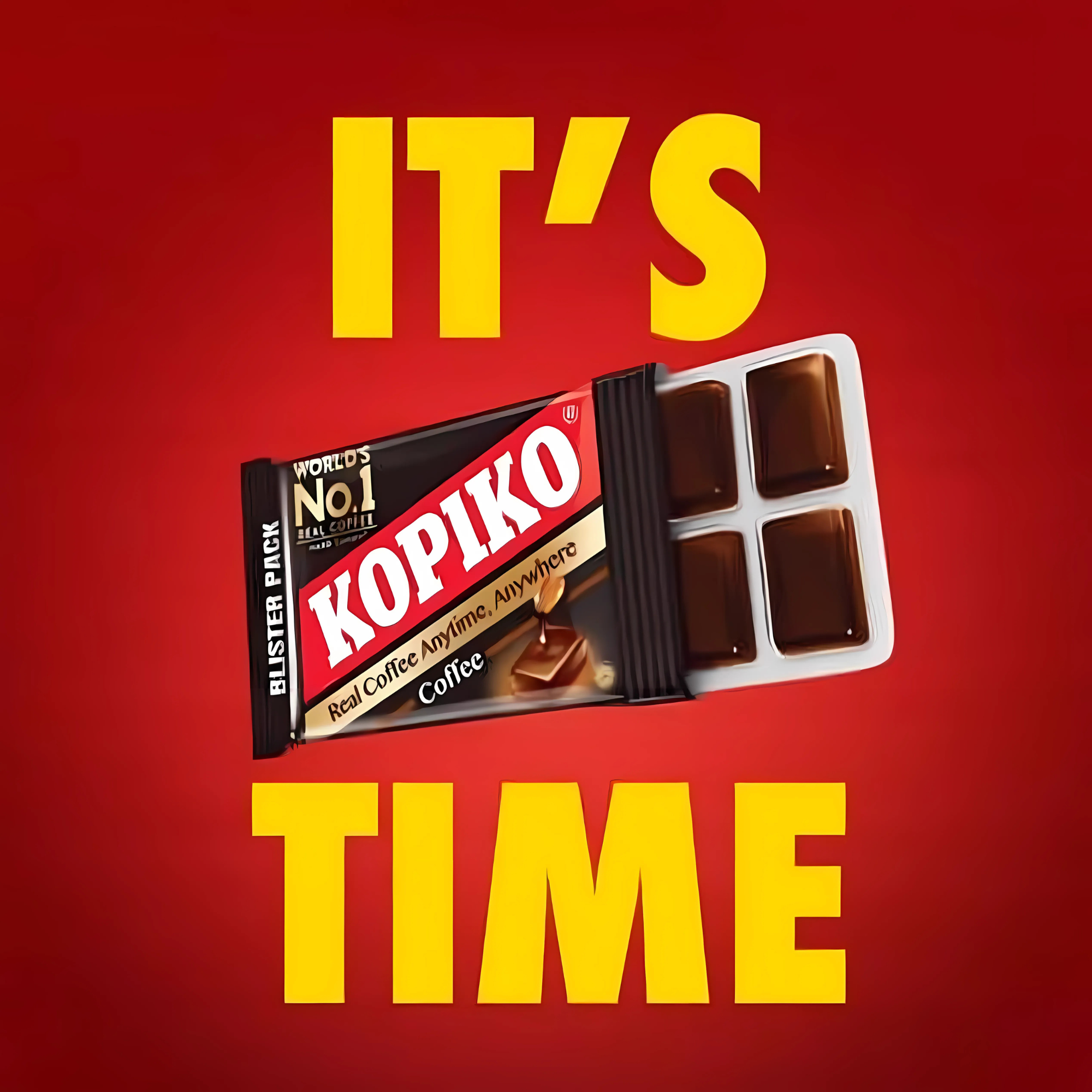 Packaging of Kopiko Coffee Candy Blister Pack on a red background, positioned above bold yellow text reading "IT'S TIME," conveying energy and excitement.
