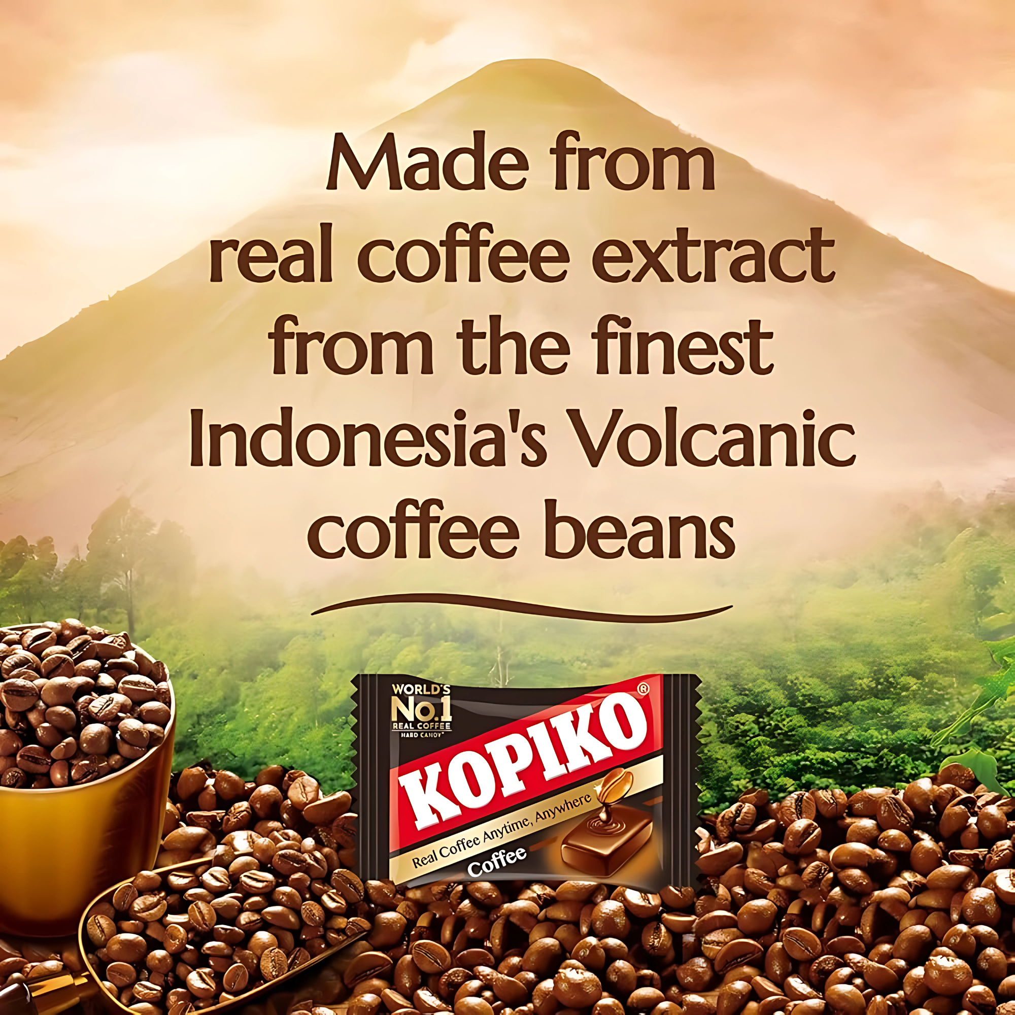Text over a scenic view of a sunlit volcano and lush greenery reads, "Made from real coffee extract from the finest Indonesia's Volcanic coffee beans." 

A Kopiko coffee candy blister pack rests on a heap of coffee beans. 