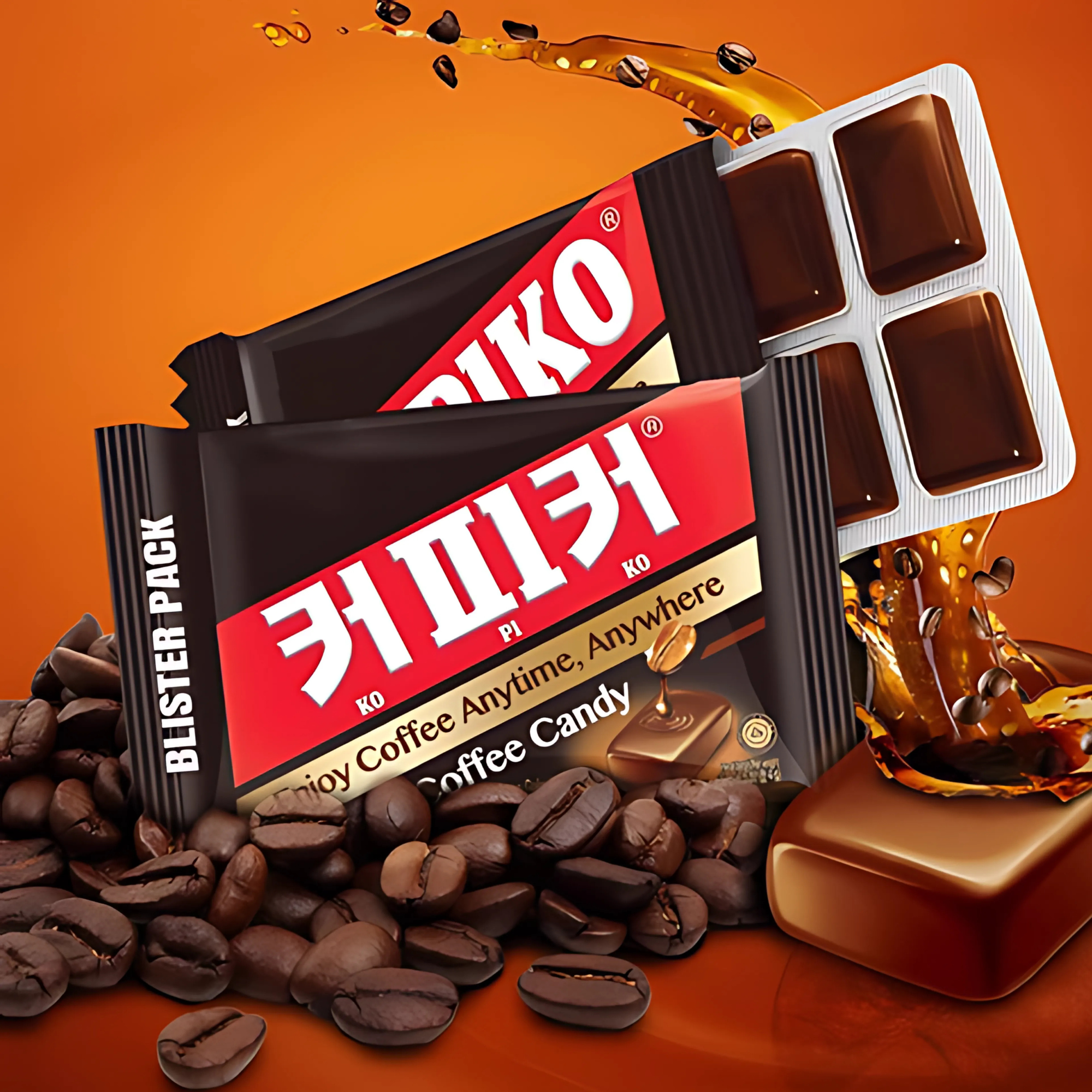 2 Kopiko Coffee Candy Blister packs against an orange background, surrounded by coffee beans.