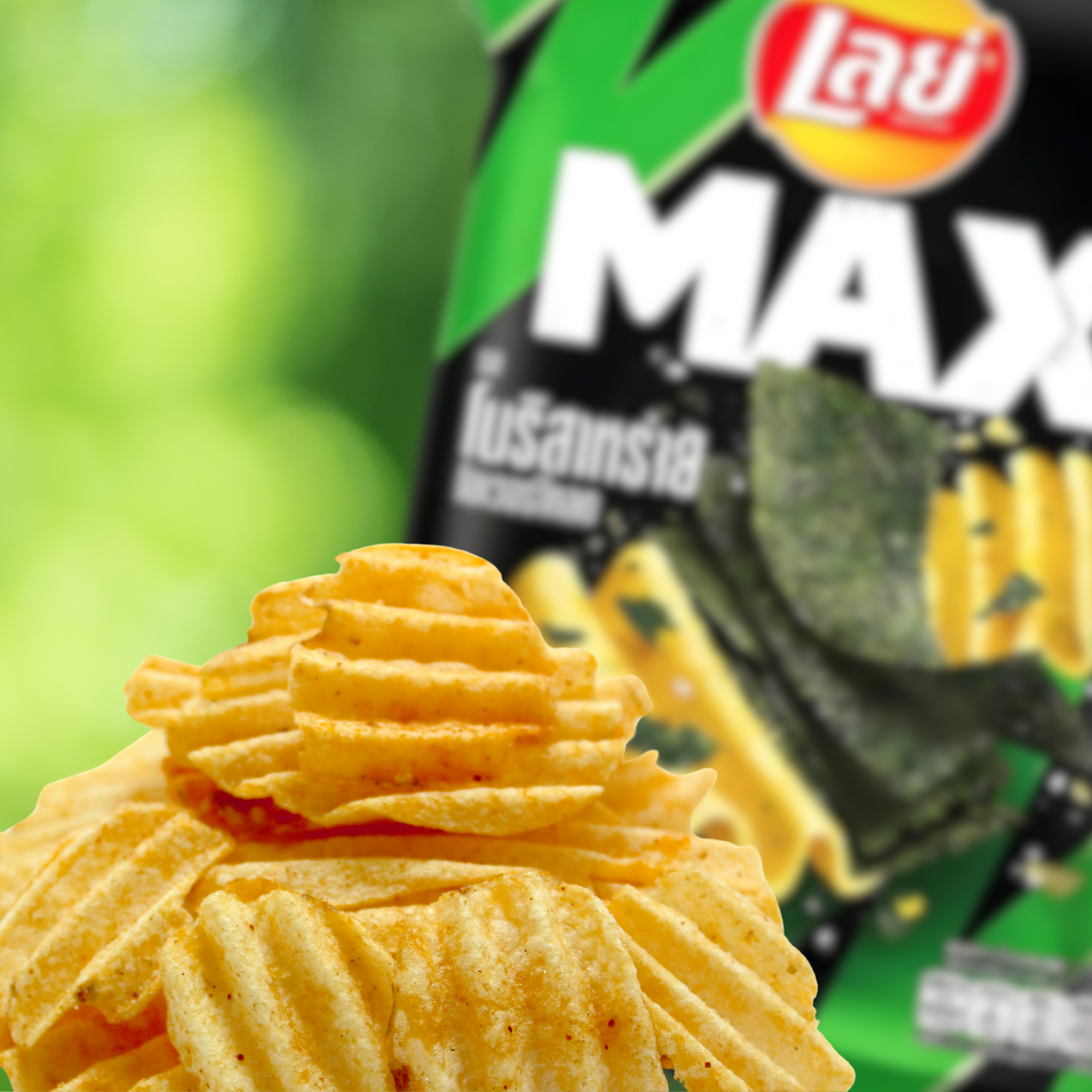 Crispy Thai seaweed chips stacked in front of Lay’s Max packaging